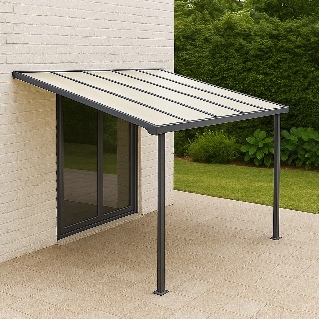 Pérgola,forma inclinada,material metal y policarbonato,color gris,techo inclinado,instalación independiente,tamaño 400x250x300 cm,uso para jardín o terraza - 8HIYfDvxmvtJ