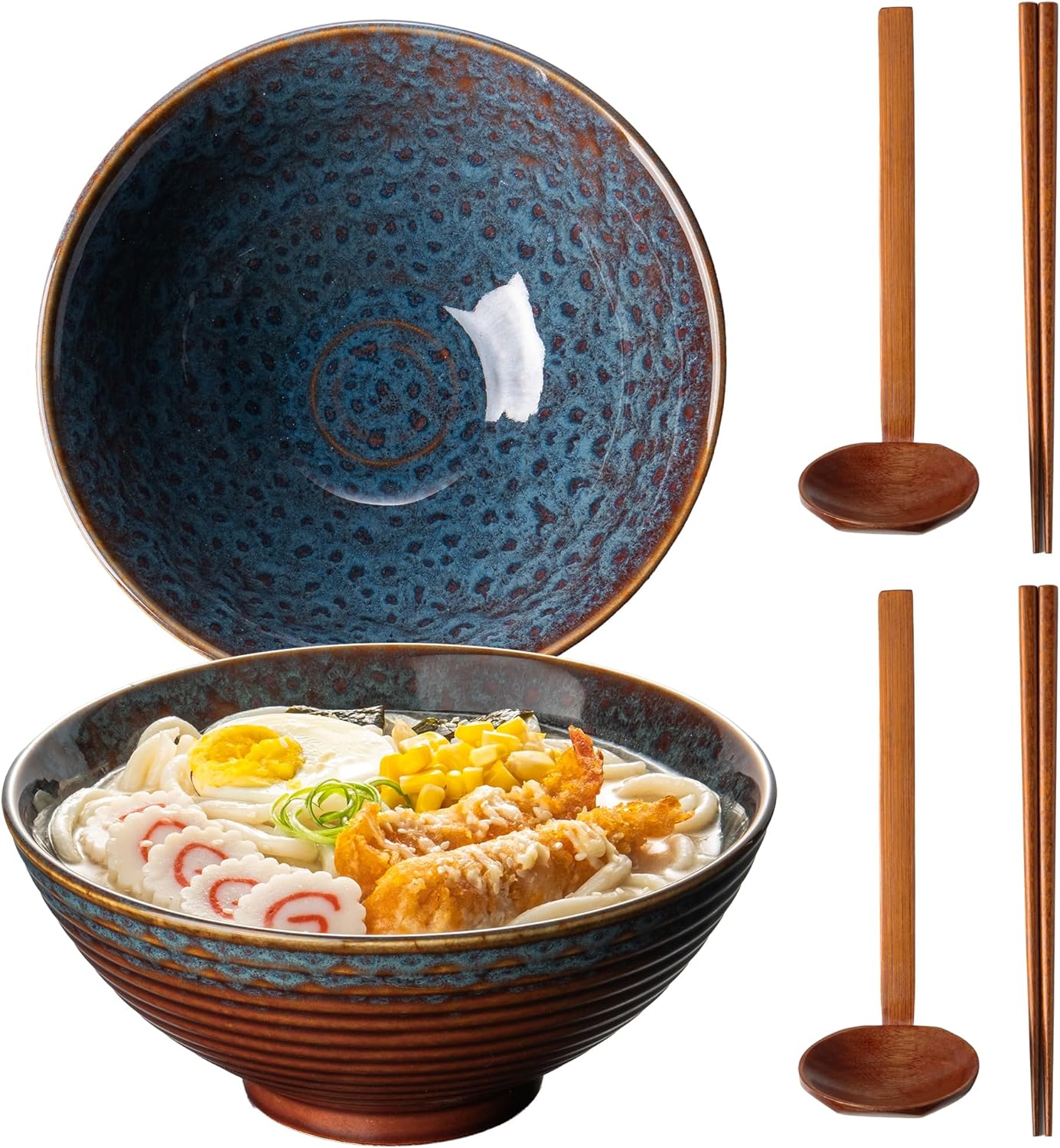 8 Inch 40oz Large Japanese Ramen Bowl Set of 2,Material Safety Ceramic Ramen Bowls with Matching Chopsticks and Spoons, Pho Bowls Ramen Noodle Bowl for Asian Udon Soup Salad Cereal(Peacock Tail)