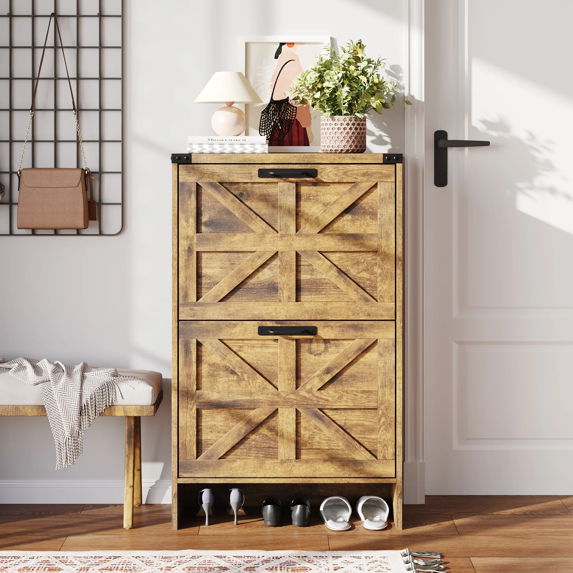 VEANERWOOD Shoes Storage Cabinet With Doors, Farmhouse Shoe Cabinet With 2 Flip Drawers For Entryway,Gray - Image 18