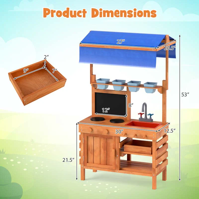 Eletriclife Wooden Pretend Play Kitchen with Height Adjustable Canopy