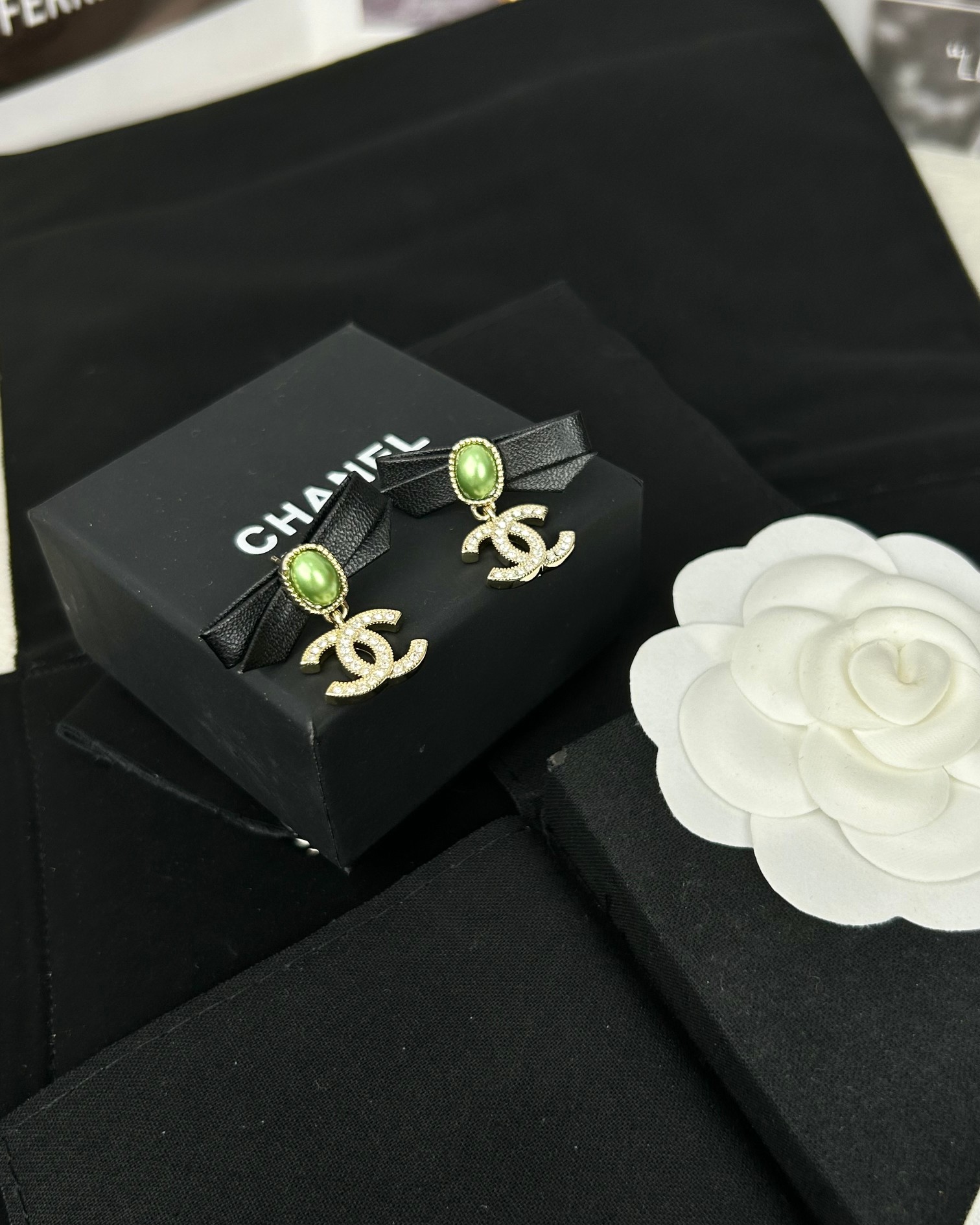 Chanel Leather Bow Green Pearl CC Dangle Earrings - Original Replica Club