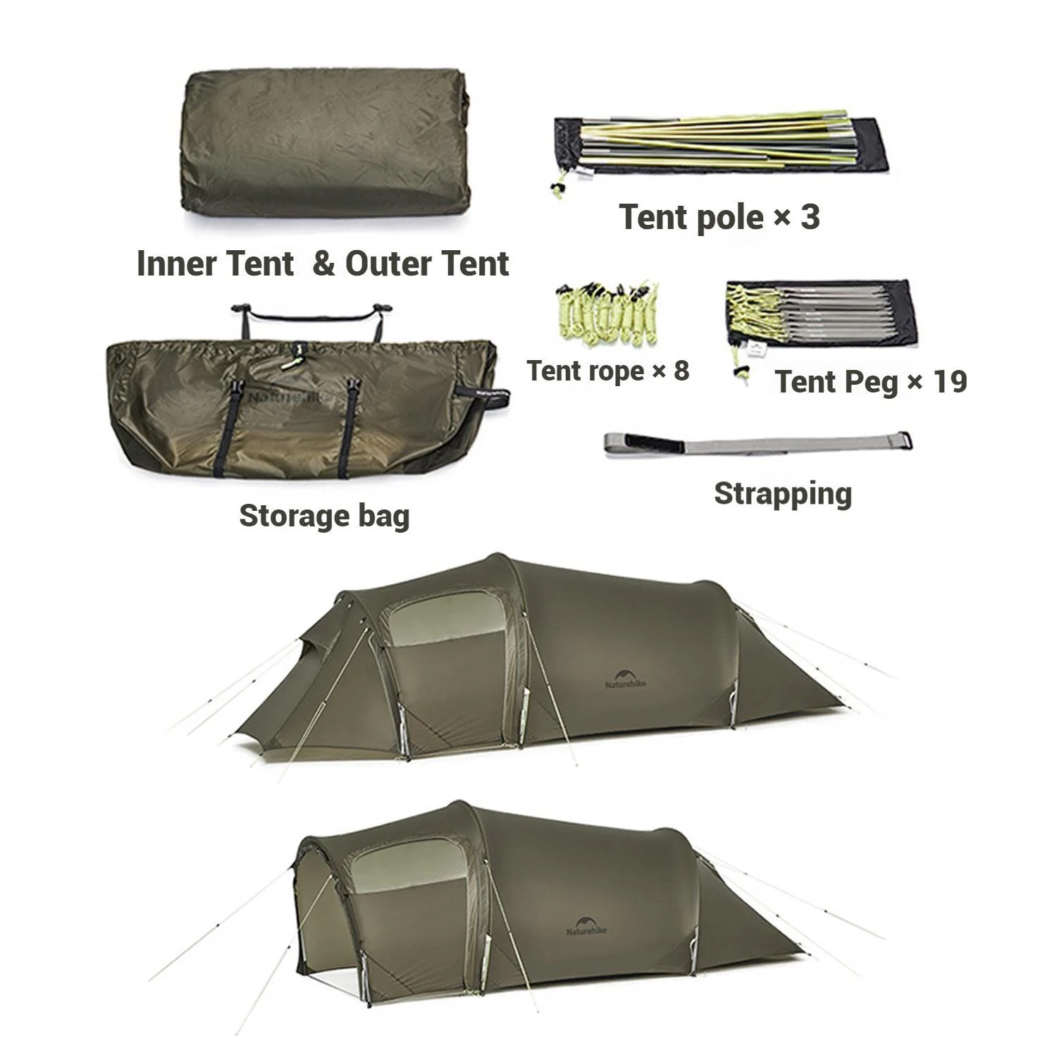 Naturehike, Ultralight Hiking Tent, Tear-resistant Tunnel Tent, Waterproof Camping Tent, Windproof Tent with Hall, 15D Lightweight Silicone-coated Nylon Fabrics,Large size for 2/3 Person. - Image 8