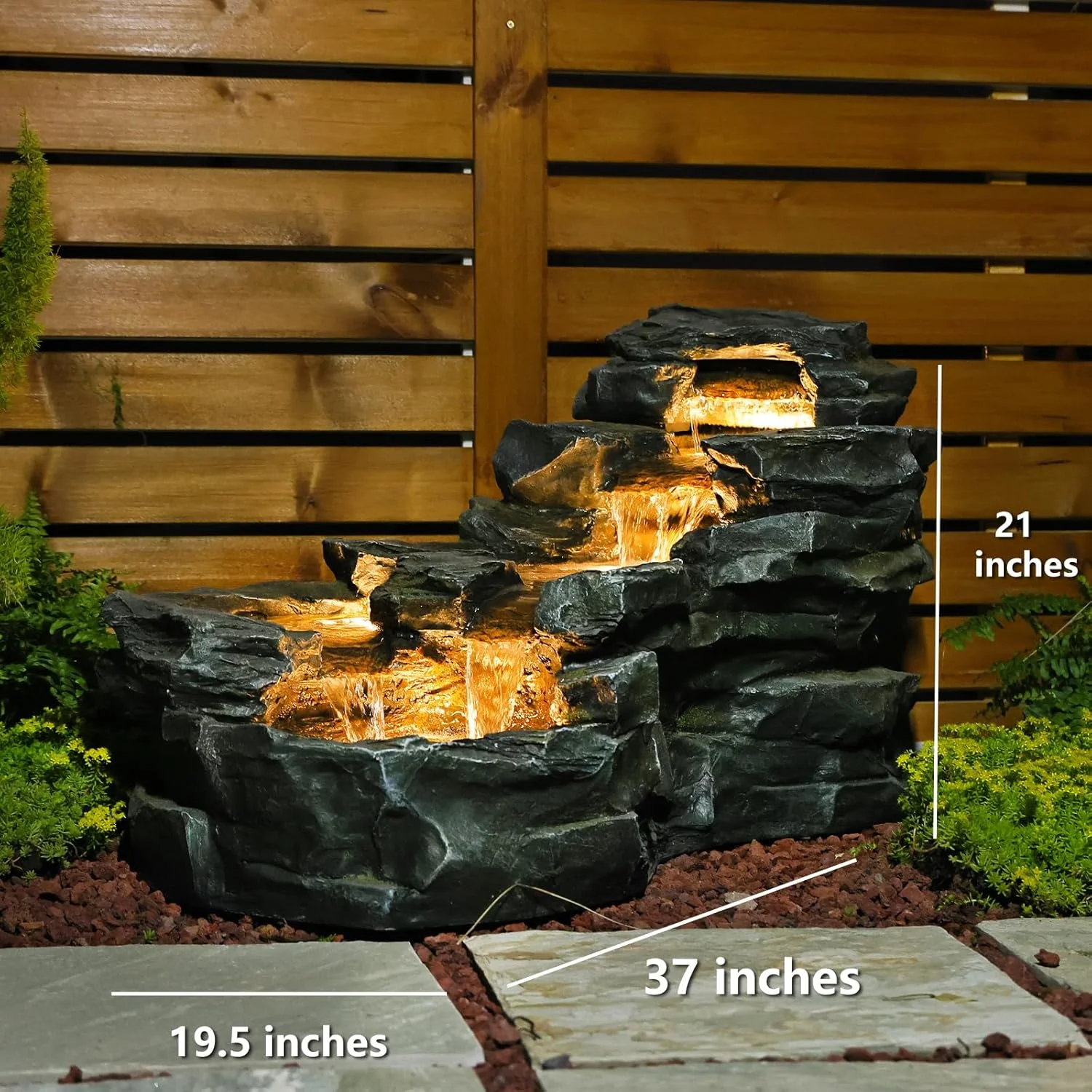 Outdoor Water Fountain Floor Standing Tiers Rock Natural Waterfall Outdoor Fountains with LED Lights for Garden, Patio, Porch - Image 3