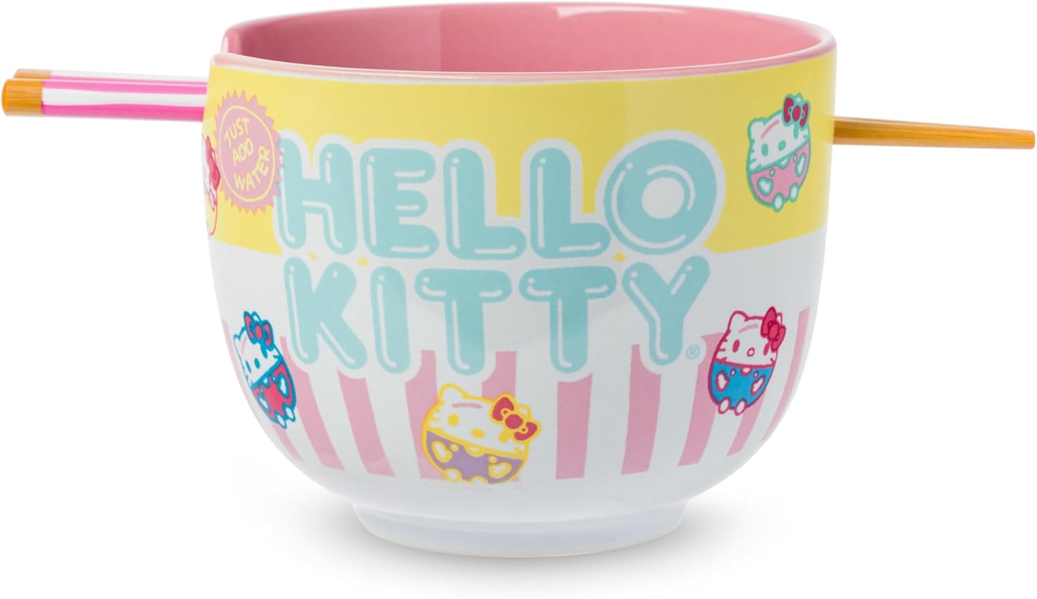 Silver Buffalo Sanrio Hello Kitty Face with Different Color Bows Pattern Ceramic Ramen Noodle Rice Bowl with Chopsticks, Microwave Safe, 20 Ounces
