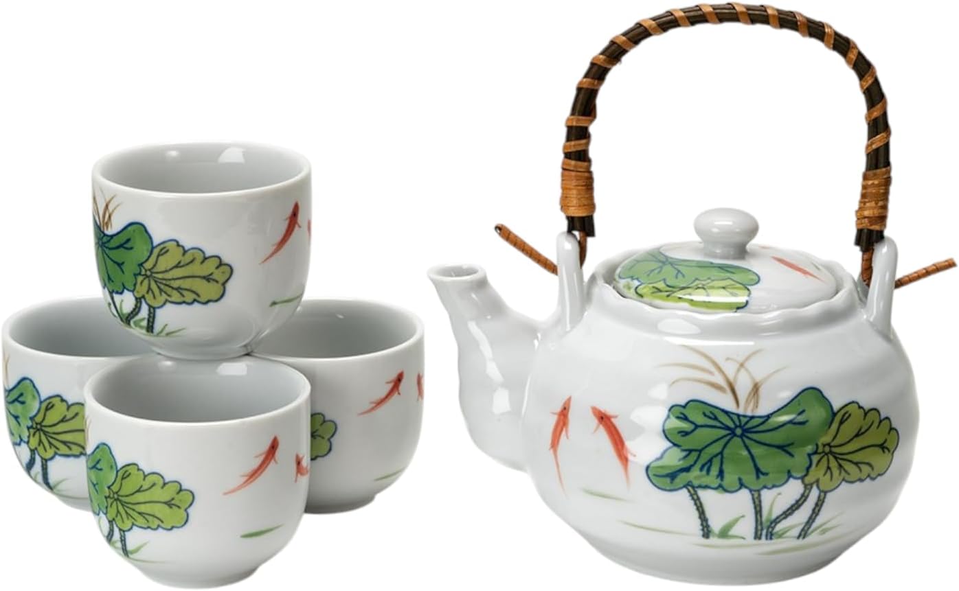 Japanese Style Porcelain Tea Set, 22 fl oz Teapot with 4 Cups, Koi Fish and Lotus Leaf Design, White, Top Pour Bamboo Handle