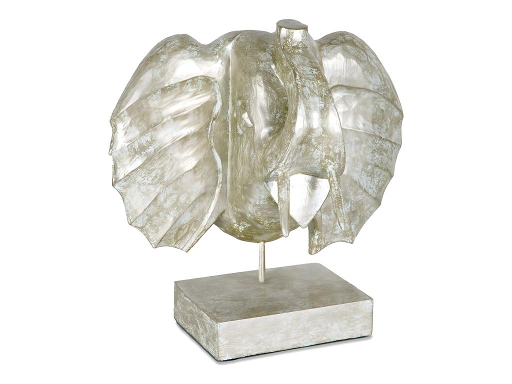 Cabeza de elefante de madera con colmillos en tono beige bali