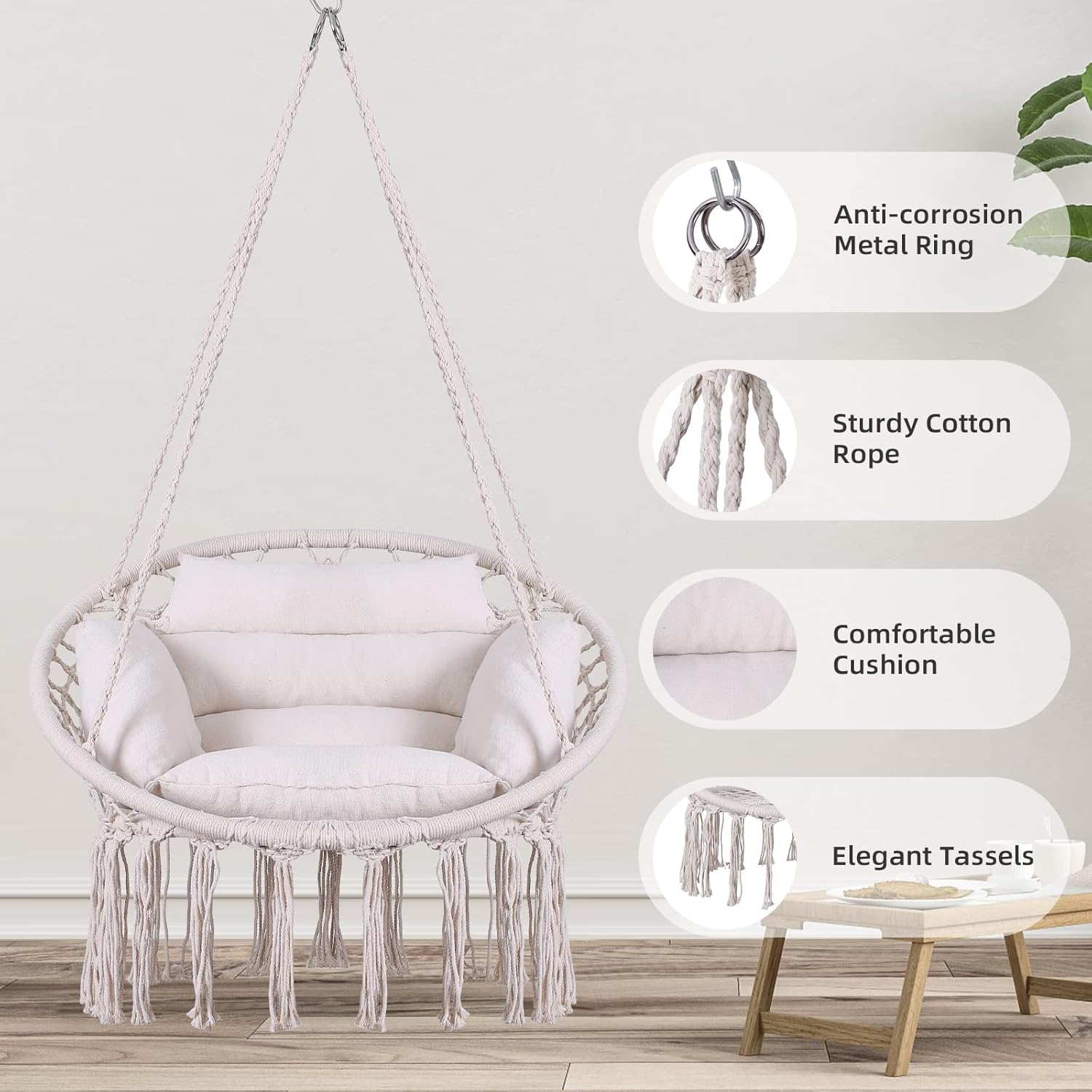 Hammock Chair Macrame Hanging Swing Chairs with Cushion and Hardware Kit Set Ceiling Hook Braided Fringes Hanging Chair