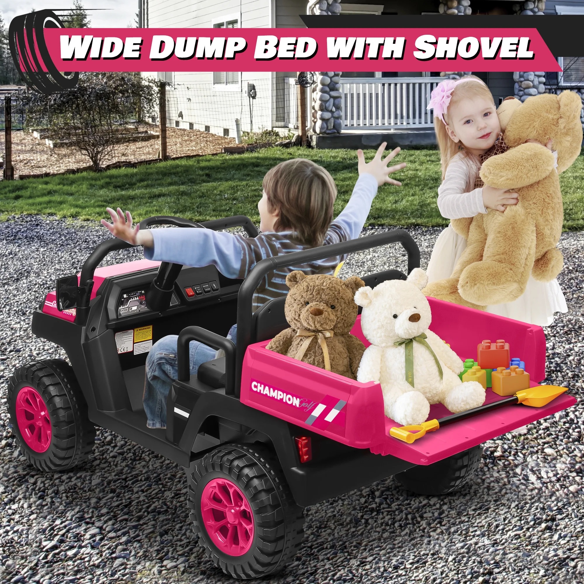Joyracer 4WD 24 Volt Ride on Toys UTV with 2 Seater & Remote Control, Kids Electric Golf Cart w/ 4x200W Power Motors, Tiltable Trailer & Shovel, 4 Wheels Spring Suspension, Bluetooth USB Music, Black - Image 24