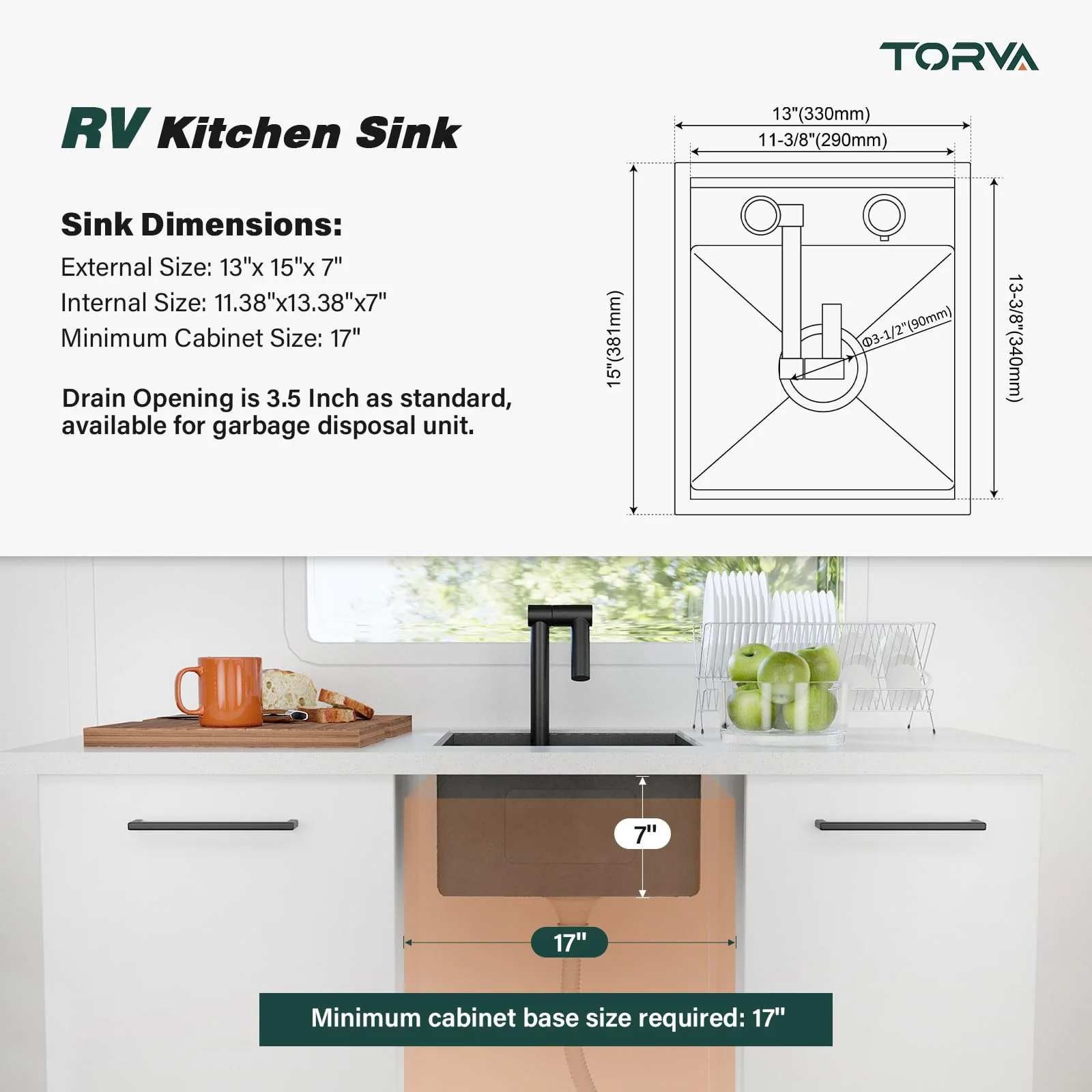 TORVA RV Kitchen Sink, 13 x 15 x 7 Inch Undermount Bar Sink 16 Gauge Stainless Steel Single Bowl Sink with Foldable Faucet Cutting Board, Dark Grey - Image 2