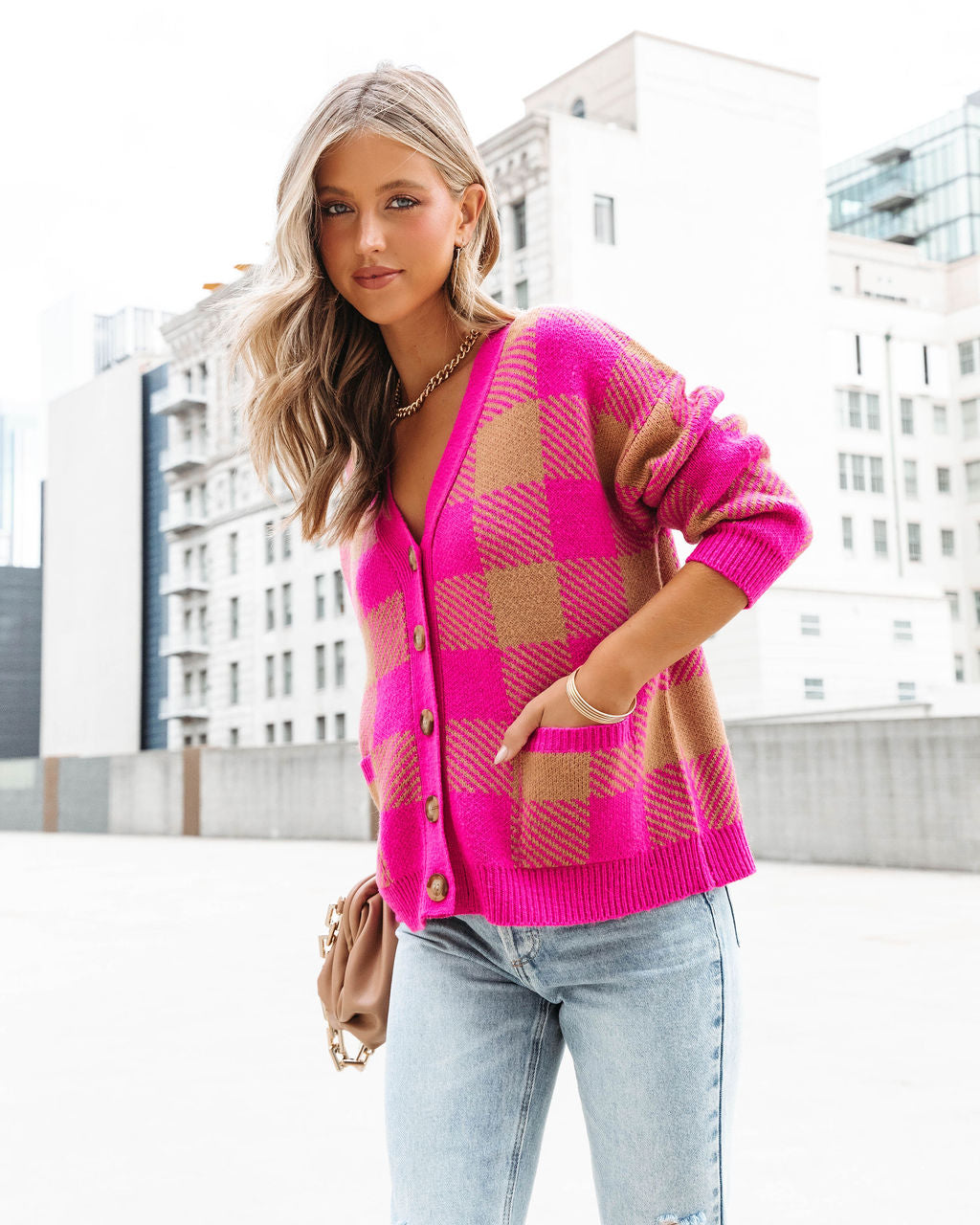 No Drama Here Plaid Pocketed Cardigan - Camel - Se7enfashion