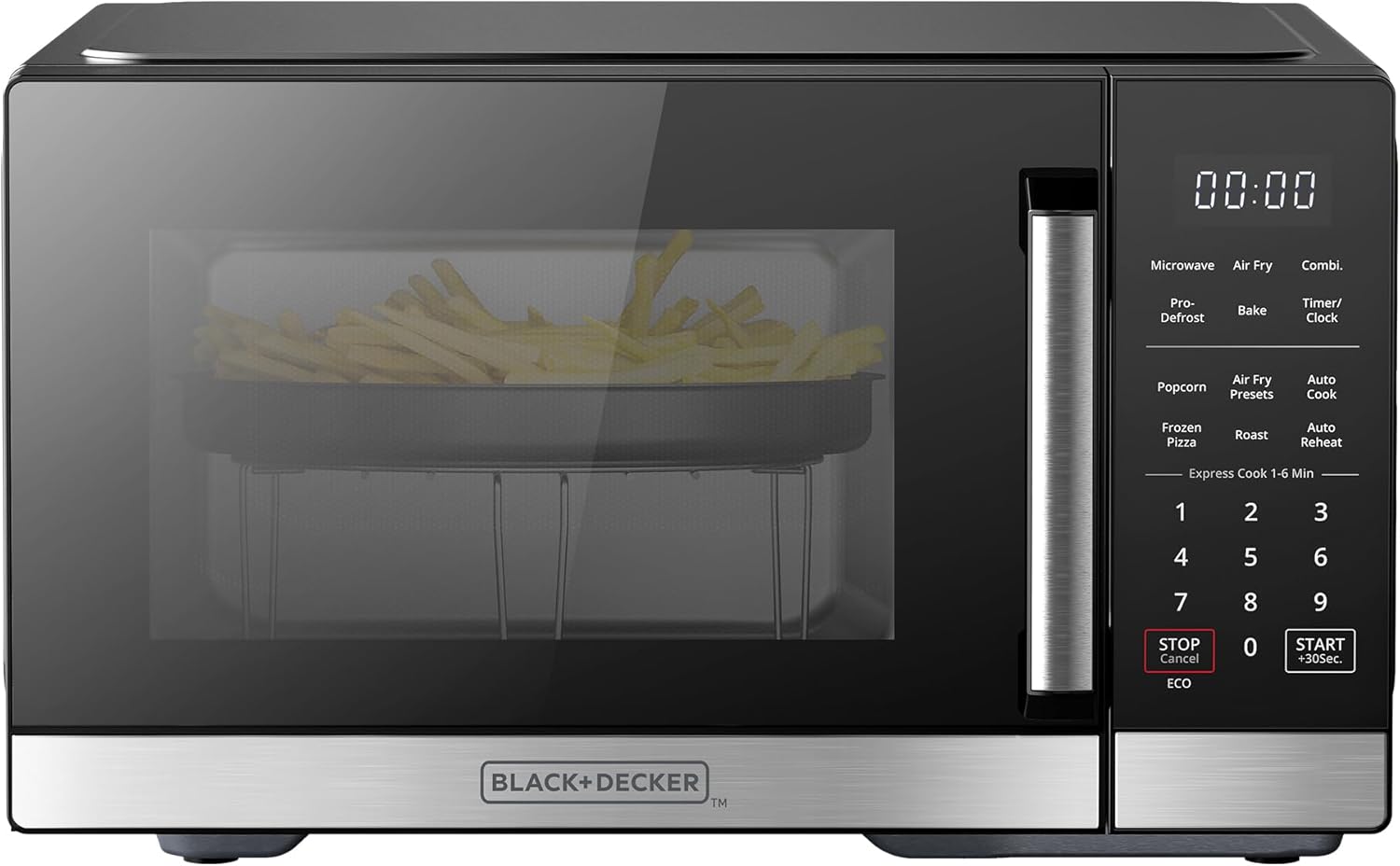 The 5-in-1 microwave oven features air baking, combined cooking, baking, barbecuing and convection cooking functions. It has a capacity of 0.9 cubic feet, a desktop design, stainless steel material, a power of 900 watts, and a child lock function.