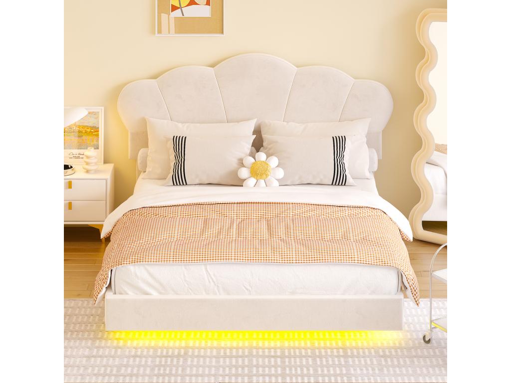 Cama doble 140x200 cm, cama LED con somier y cabecero en forma de nube, pie de cama oculto, tela de terciopelo beige