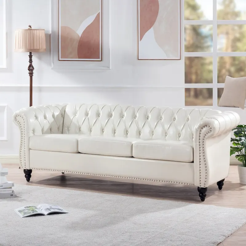 Cream 84.65 Traditional Chesterfield 3-Seater Sofa in PU Leather