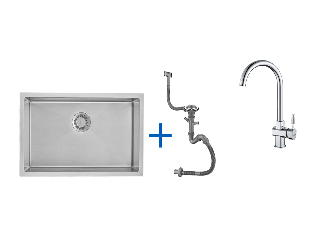 Fregadero de cocina 1 contenedor 70*44*19CM, para Empotrar/Fleur/Sous-Plan,con Siphon/Trop-Plein,Cepillado+ Grifo de Cocina Cromado Giratorio de 360°