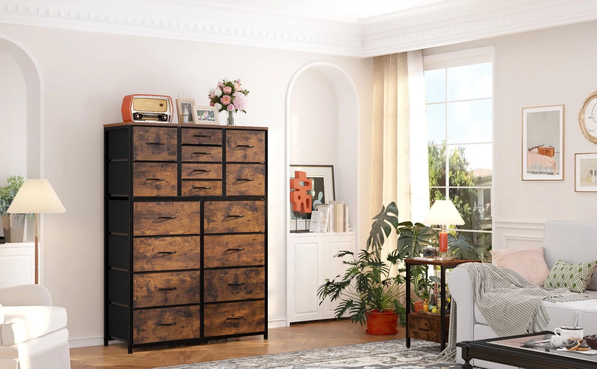 EnHomee Large Dresser for Bedroom Furniture Dresser with 16 Drawers Fabric Tall Dresser Closet Dresser Chest of Drawers Clothes Storage Slim for Living Room Office, Rustic Brown Wood Grain Print - Image 10