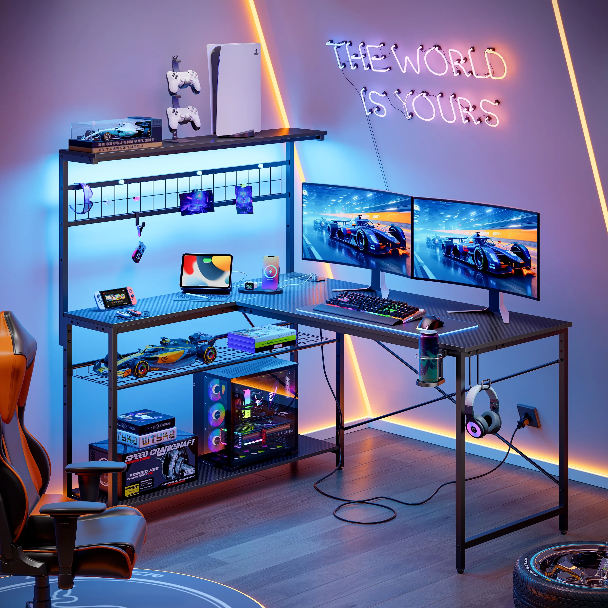Bestier 51 L Shaped Gaming Desk with Power Outlets & LED Light, Computer Desk with 4 Tiers Shelves for Home Office, Reversible Gamer Table with Hooks and Cup Holder, Carbon Fiber - Image 12