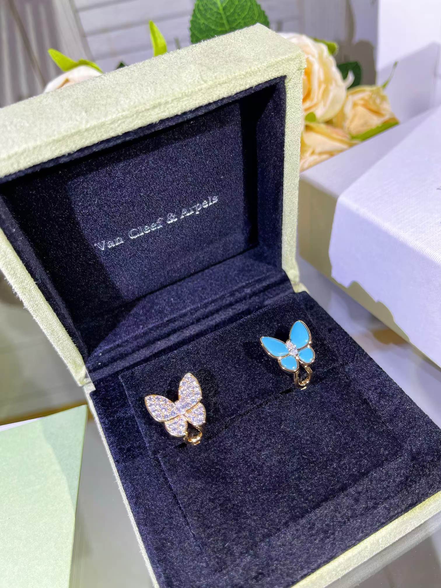 VCA Blue & Diamond Two Butterfly Earrings - Original Replica Club