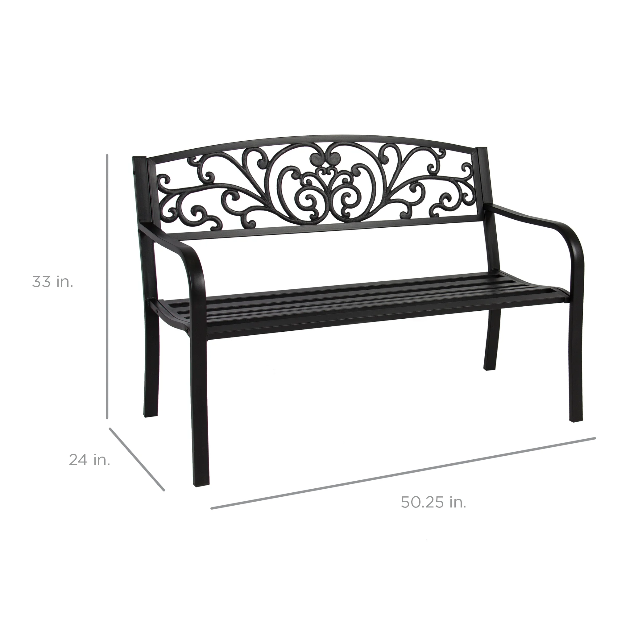 Best Choice Products Outdoor Steel Bench Garden Patio Porch Furniture w/ Floral Design Backrest - Black - Image 12