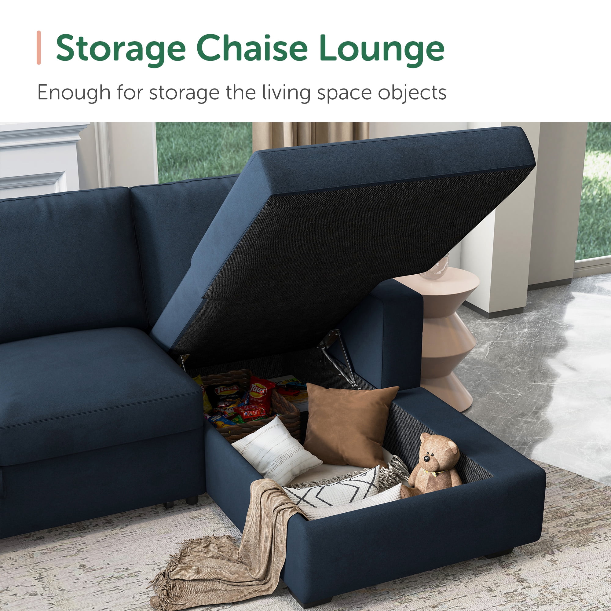 HONBAY Modular Sectional Pull-Out Sofa Bed with Storage Velvet U-Shaped Convertible Sleeper Sofa for Living Room, Blue - Image 68