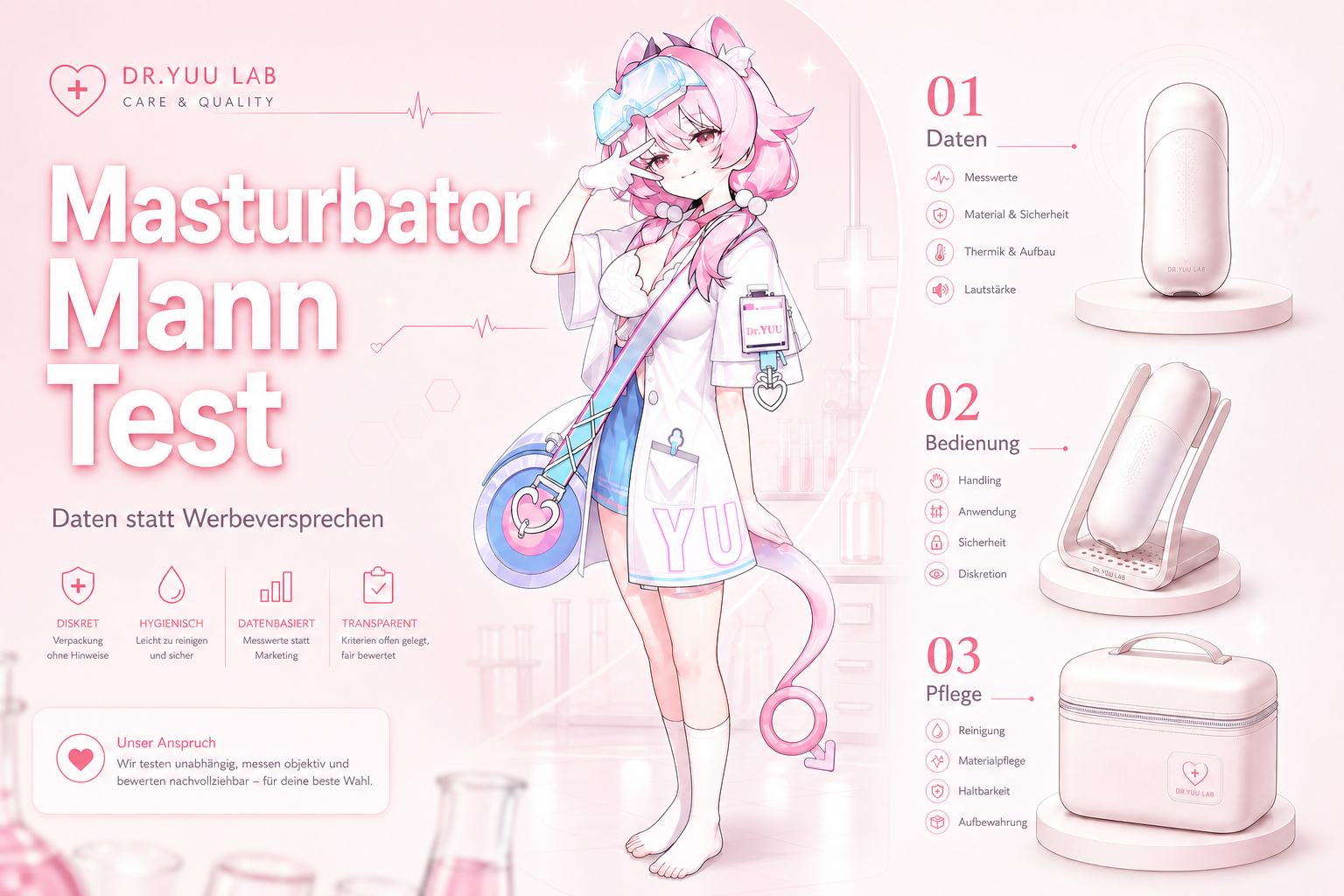 Masturbator Mann Test mit Produktdaten, Funktionssymbolen und Bewertungsbogen