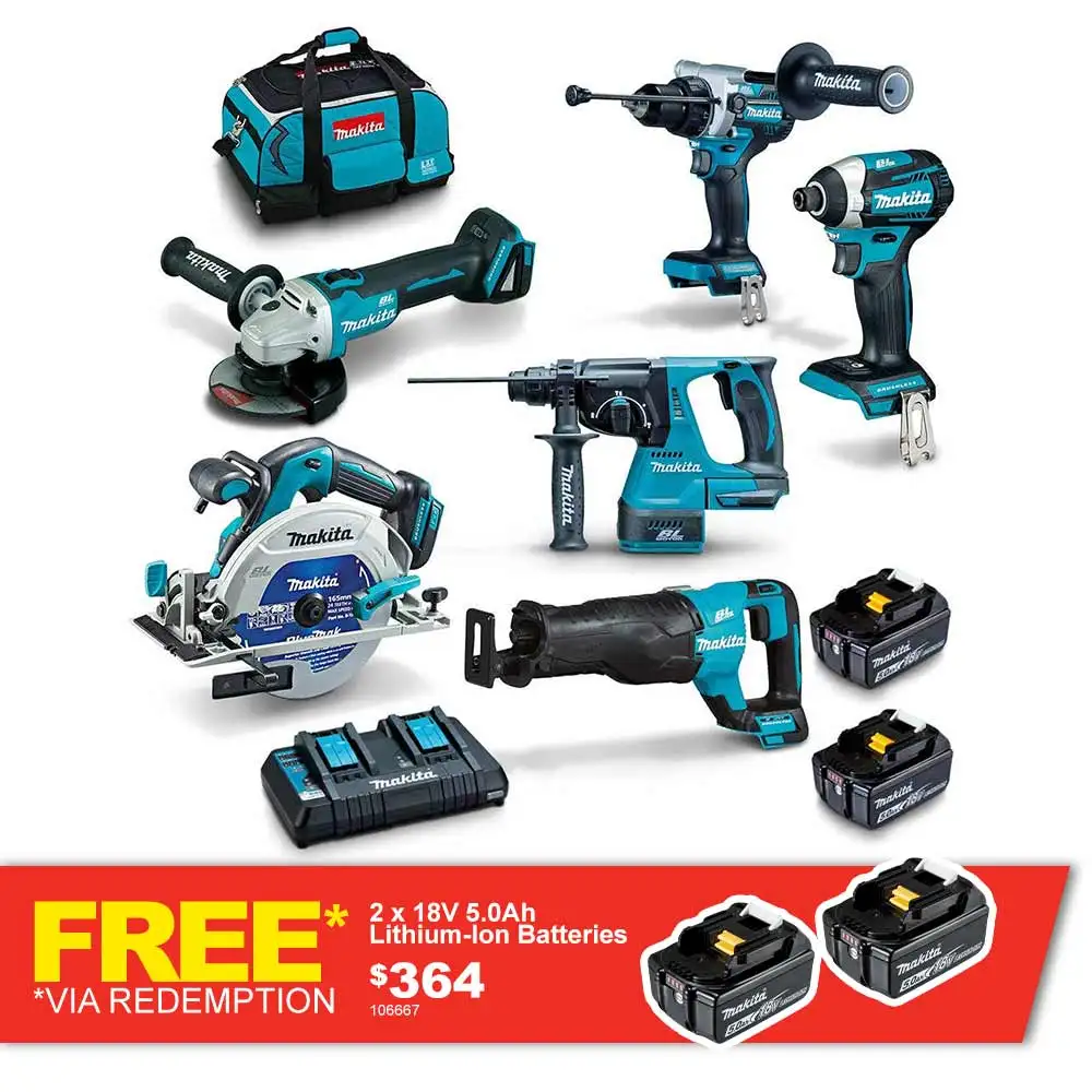 MAKITA 18V BRUSHLESS 6 PIECE 2 X 5.0AH COMBO KIT DLX6109TX1