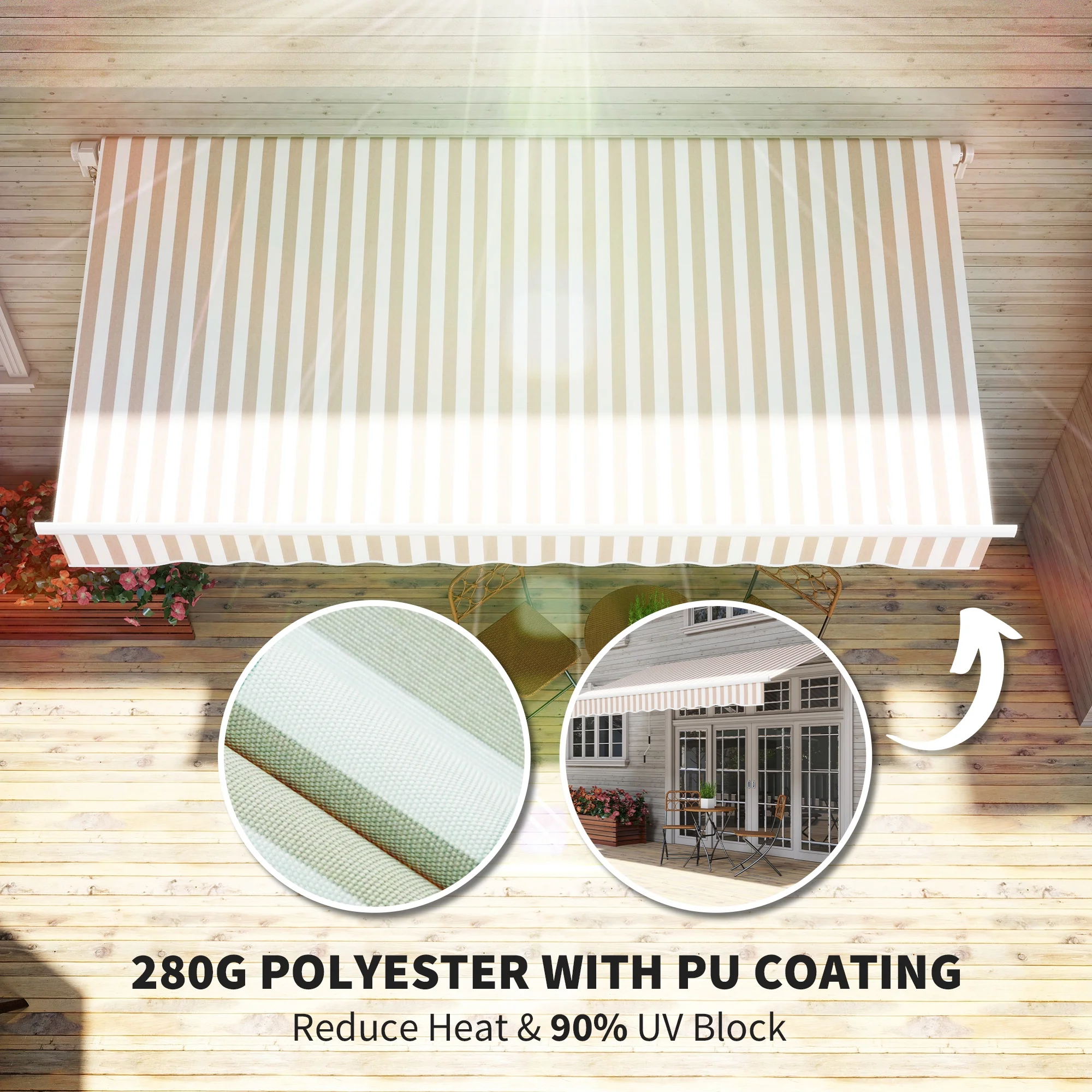 Outsunny 12' x 10' Manual Retractable Awning Outdoor Sunshade Shelter for Patio, Balcony, Yard, with Adjustable & Versatile Design, Beige and White - Image 6