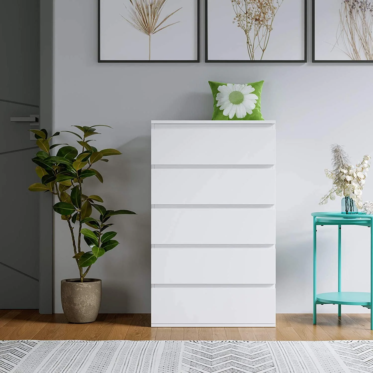 Homfa 5 Drawer White Dresser, Modern Storage Cabinet for Bedroom, White Chest of Drawers Wood Organizer for Living Room - Image 7