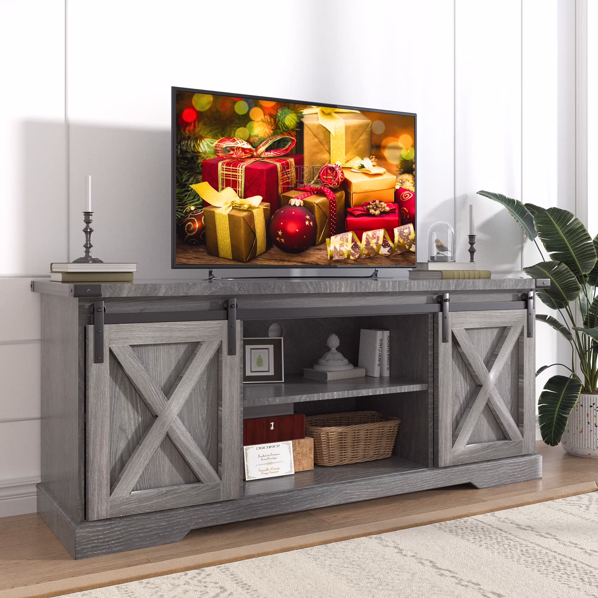 Chvans Farmhouse Barn Door TV Stand for up to 65" Tvs 23" Electric Fireplace, Entertainment Center Console Table with Adjustable Shevles(For up 80" TVs/Rustic White)