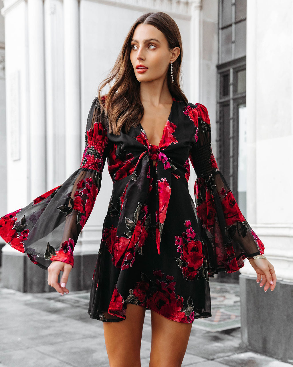 Love Like This Burnout Velvet Bell Sleeve Mini Dress - Se7enfashion