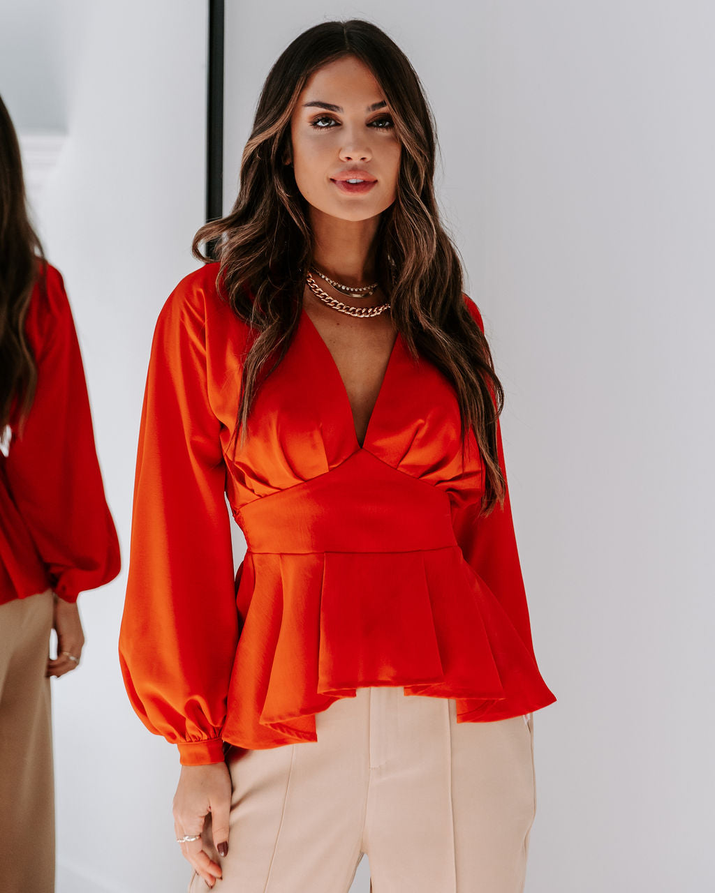 Gianna Plunge Neck Long Sleeve Top - Rust - Se7enfashion