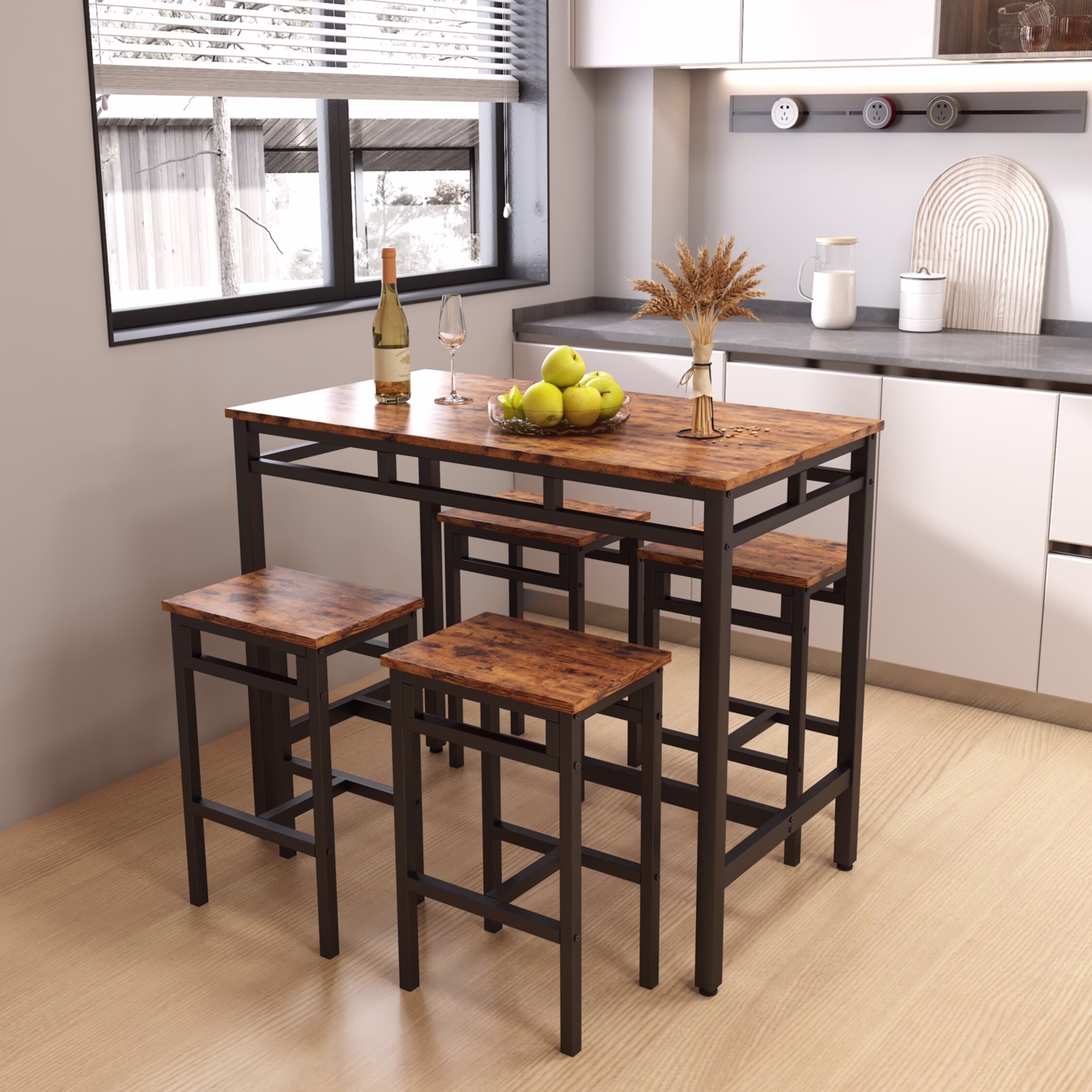 Counter Height Table Set of 5, Breakfast Bar Table and Stool Set, Minimalist Dining Table with Backless Stools, Wood Top Pub Table & Chair Set for Kitchen Apartment Bistro - Space Saving - Image 3