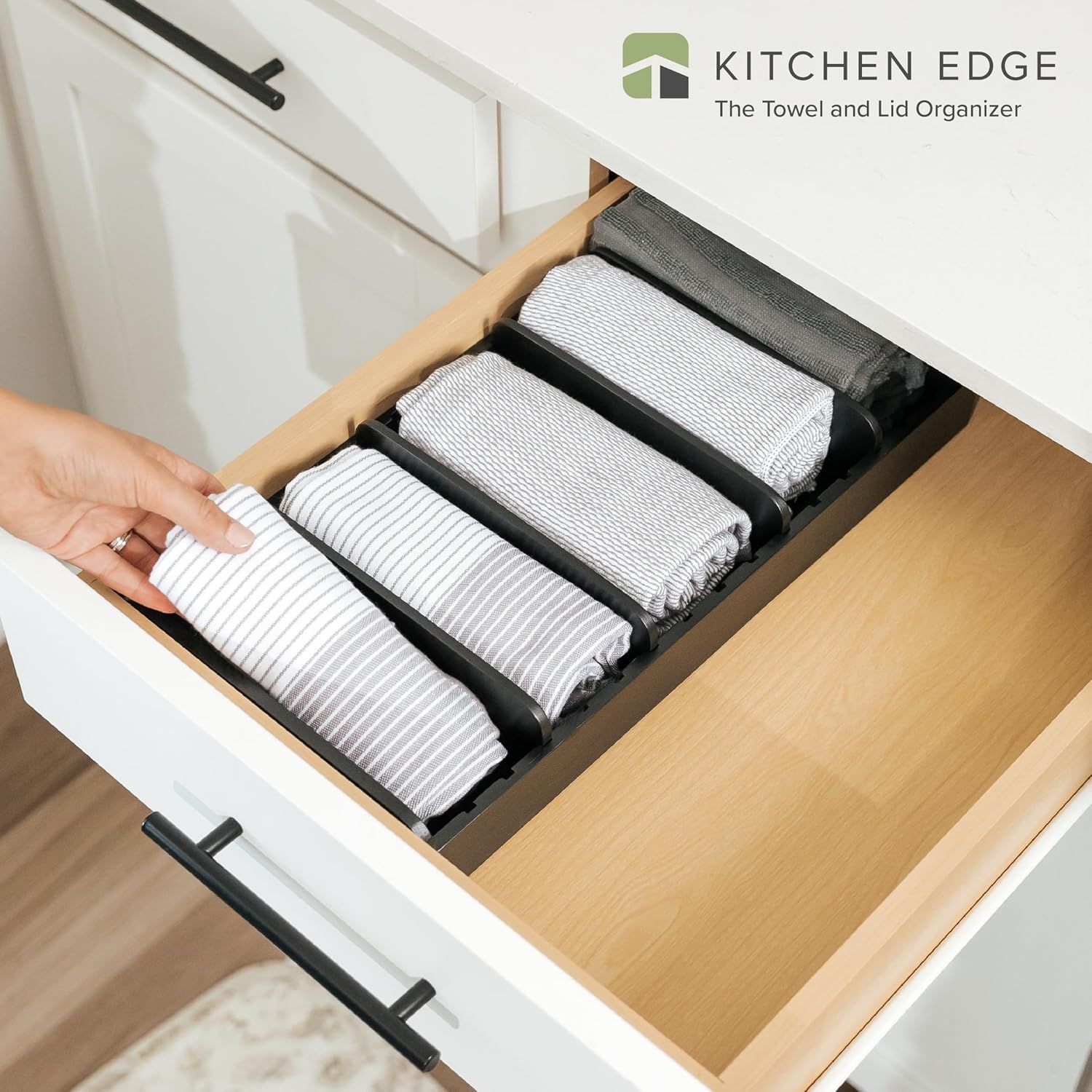 KitchenEdge Bamboo Kitchen Towel and Food-Storage Organizer, Perfect for Kitchen Drawers, Cabinets, Pantry, 5 Adjustable Wall Inserts, Non-Slip Feet, Food-Safe Black Finish