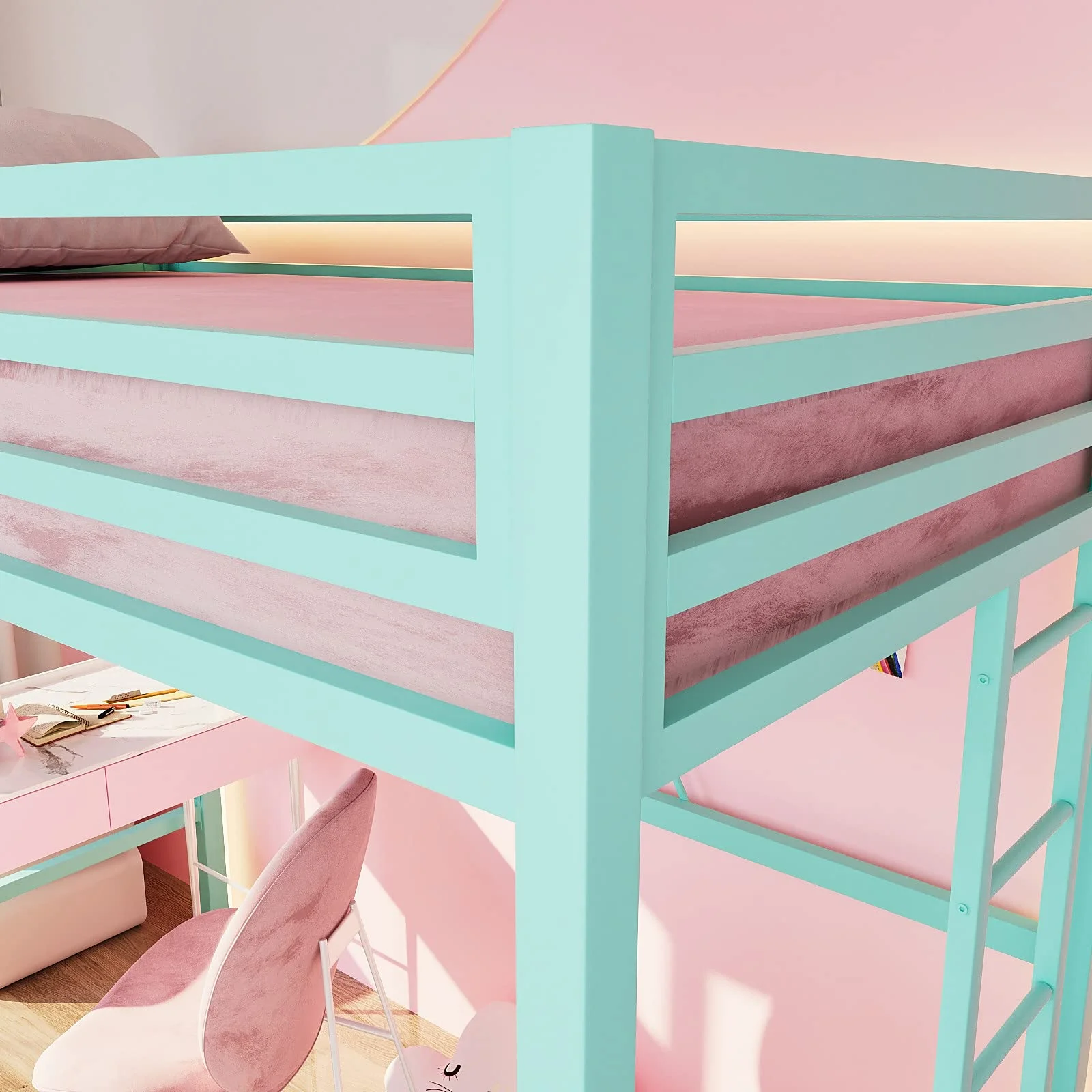 Einfach Metal Twin Size Loft Bed with Removable Ladder & Full-Length Guardrail, White - Image 23