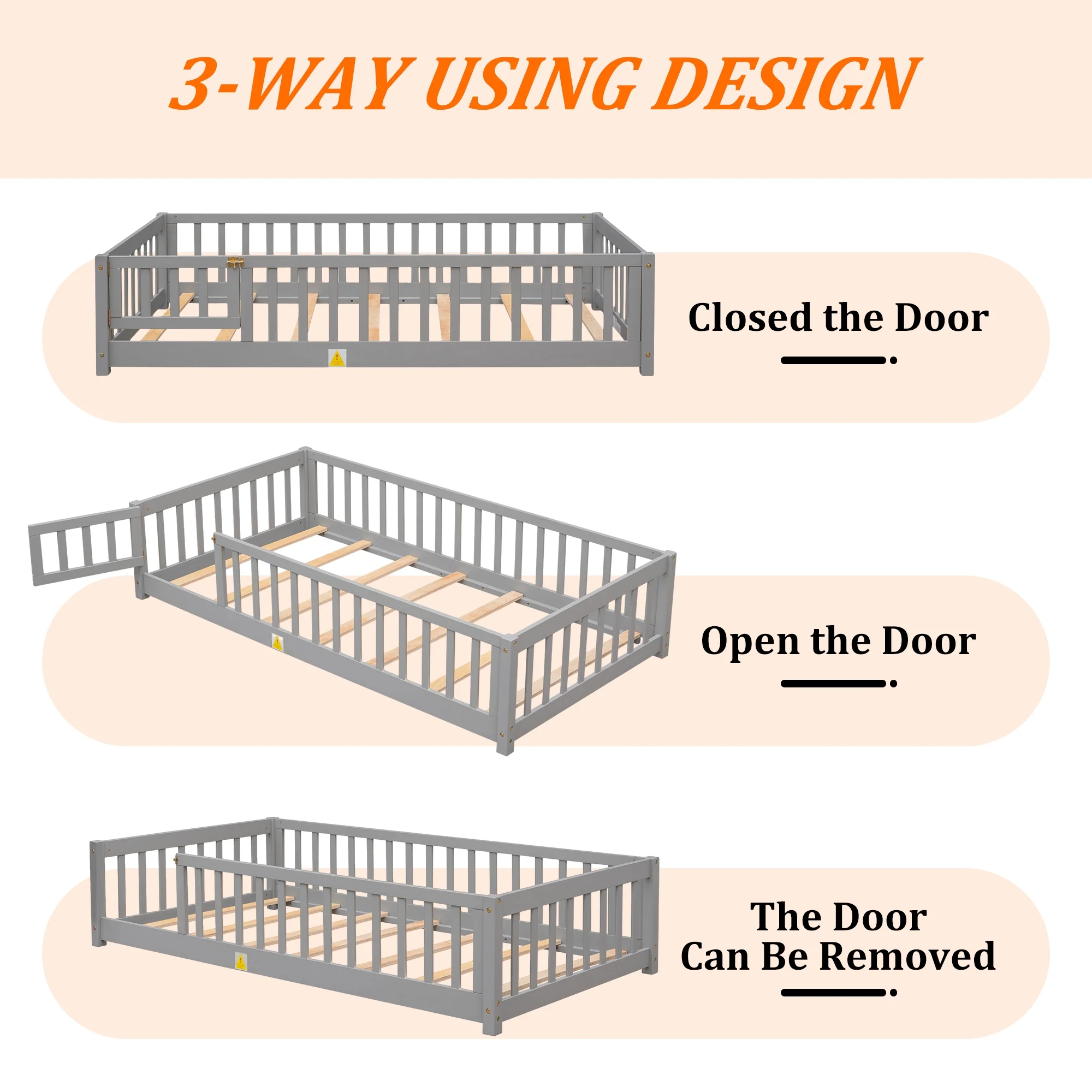 UHOMEPRO Twin Size Floor Bed with Door and Fence, Montessori Floor Bed with Slats and Safety Guardrails, Solid Wood Twin Bed Frame for Bedroom, White - Image 35