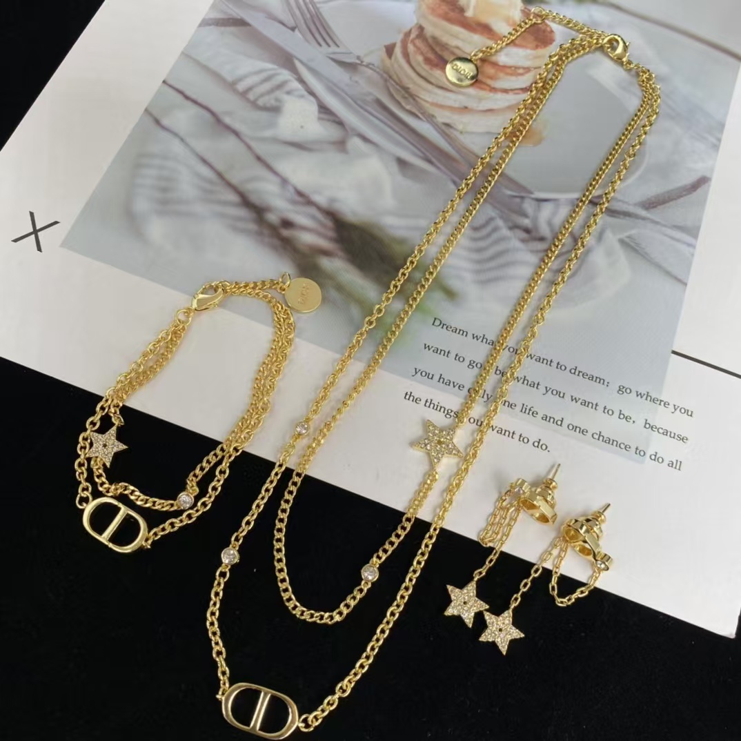 Dior Two Layers Star CD Necklace Bracelet Earrings - Original Replica Club