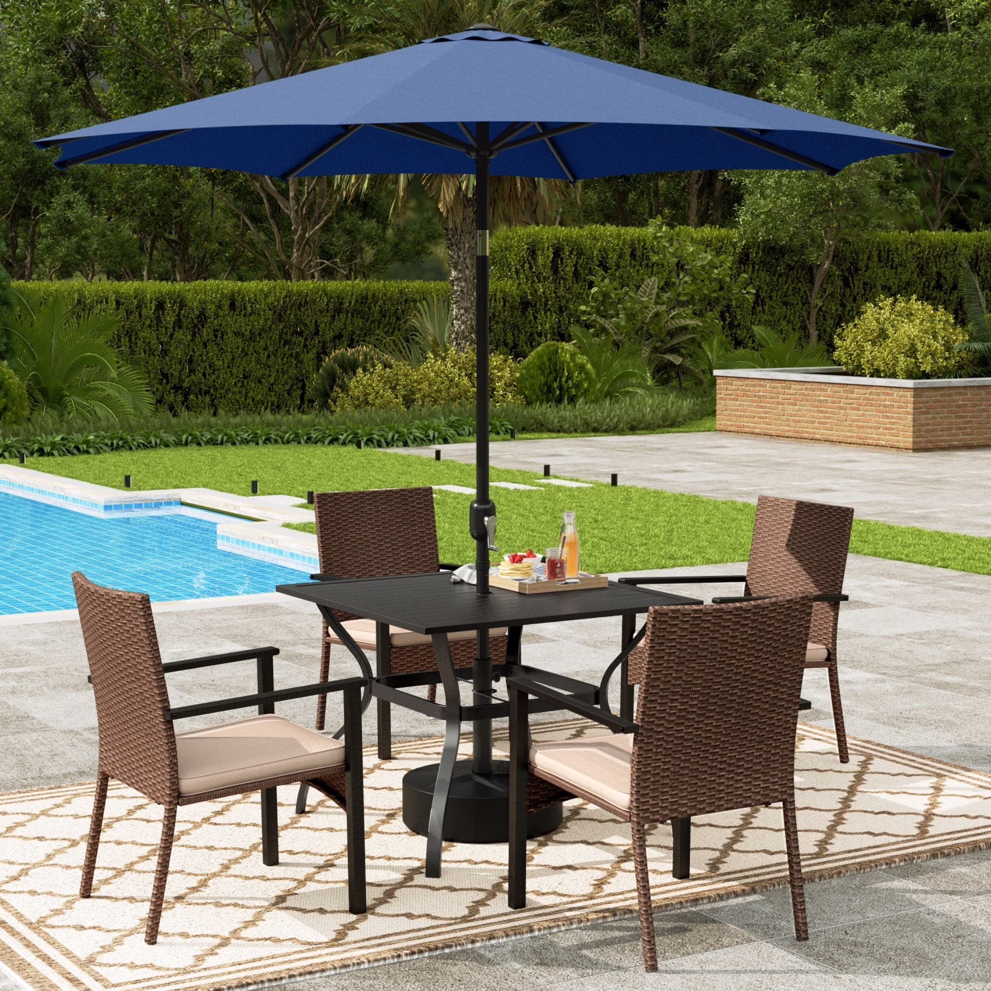 Alpha Joy 8-Piece Outdoor Patio Dining Set with 13 ft Umbrella, Rattan Chairs & Rectangle Table Set for 6, Beige Umbrella - Image 7