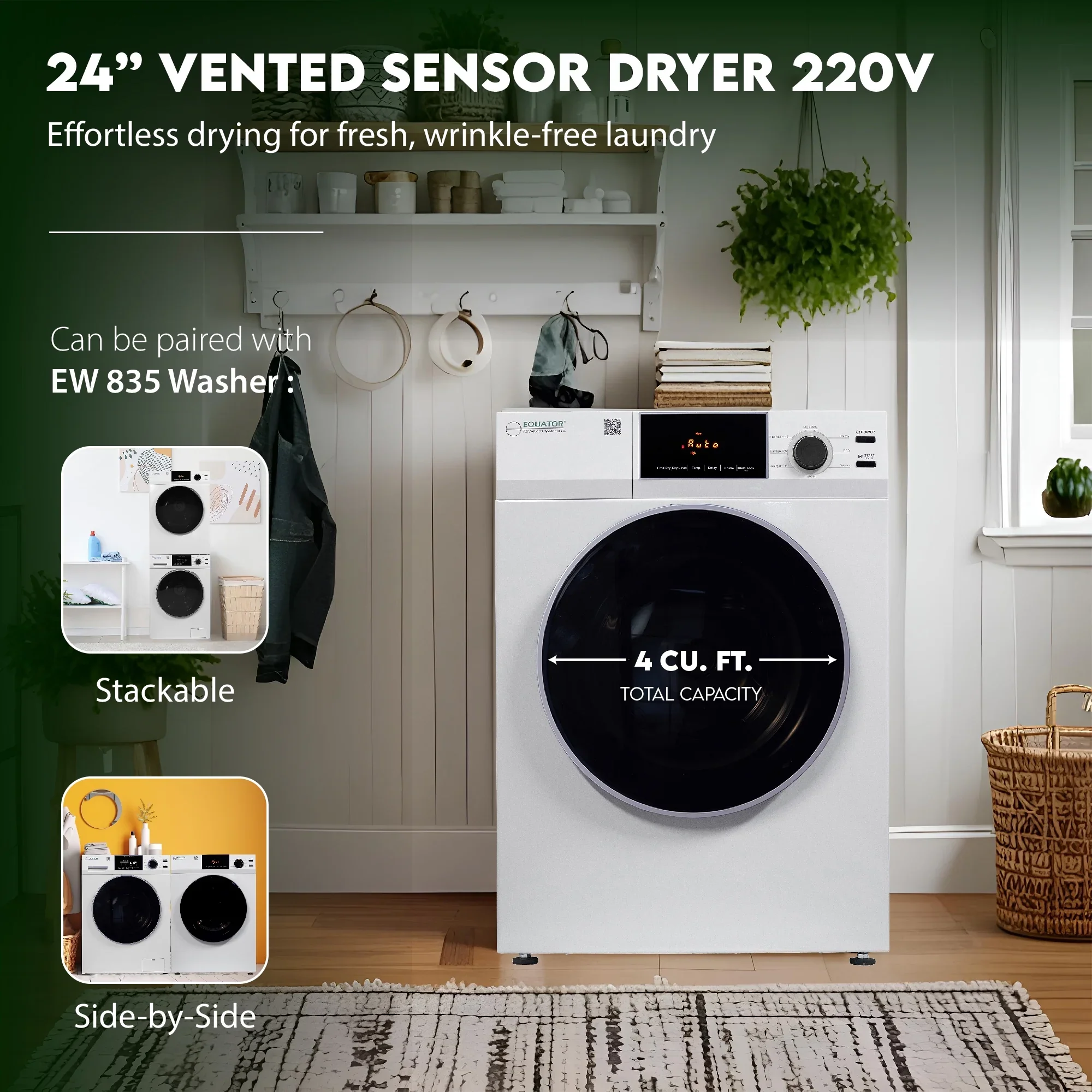 Equator 4cu.ft. 220V Electric Vented Sensor Dryer Interior Light Reversible Door