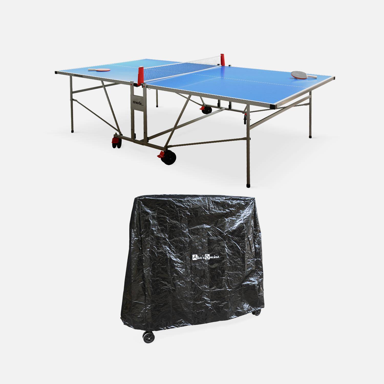 Mesa de ping pong exterior + funda - Mesa de ping pong exterior con 2 raquetas y 3 pelotas, 274cm  + funda de PVC