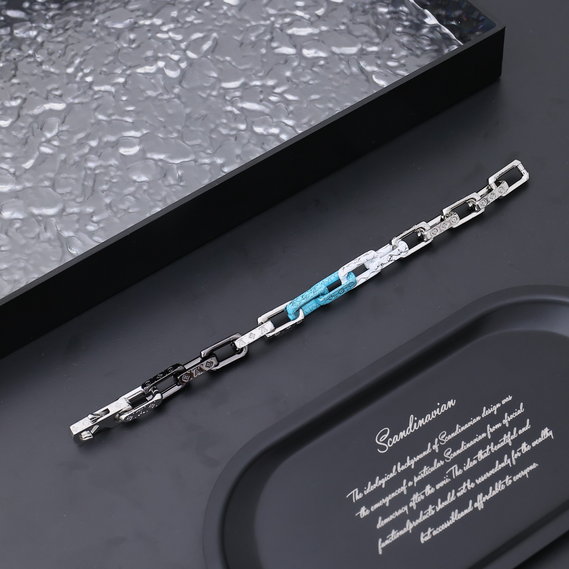 Louis Vuitton Silver Blue Black Colors Monogram Mens Bracelet - Original Replica Club