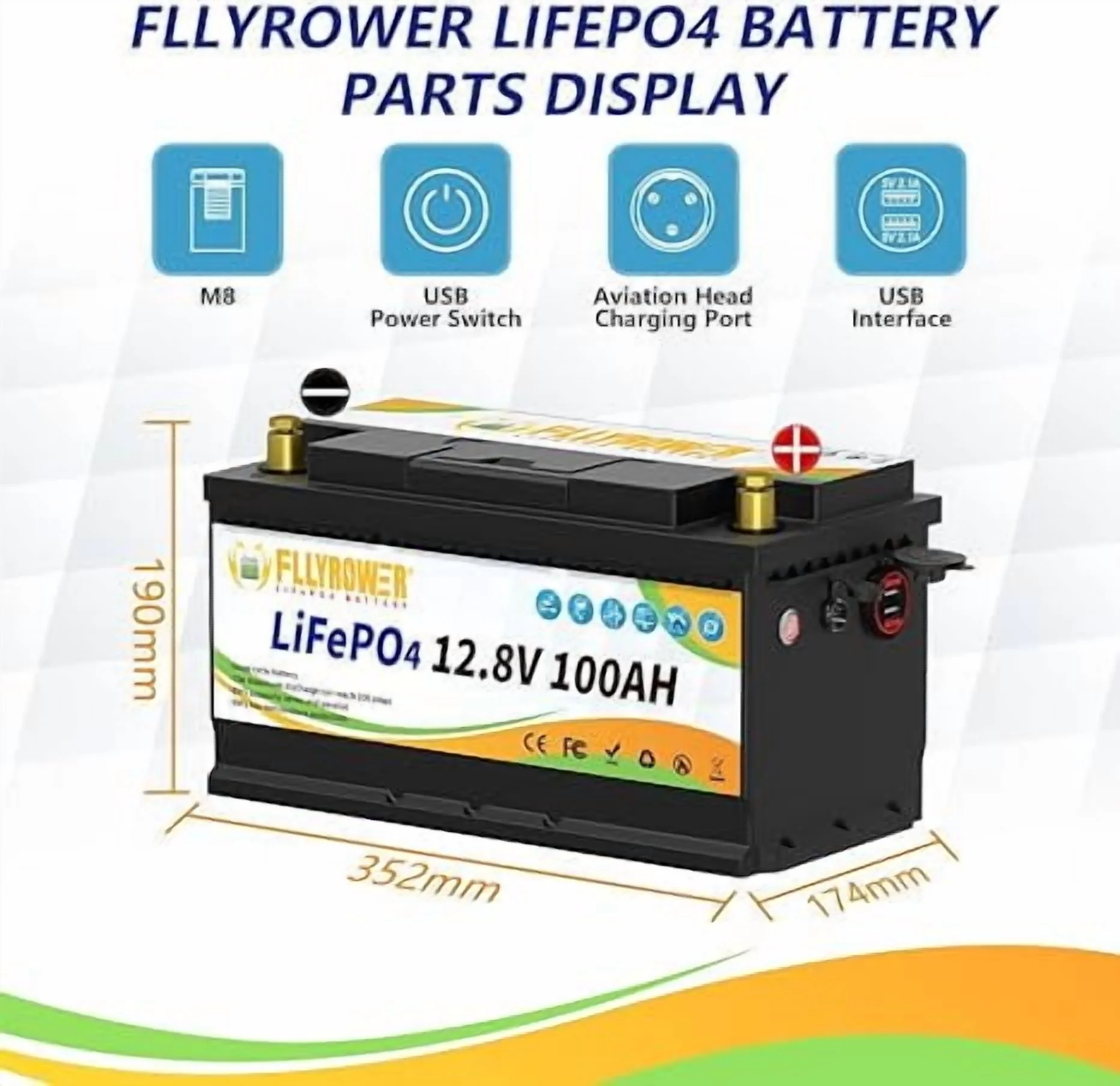 12V 100Ah LiFePO4 Lithium Battery with a Charger,for RV,Marine,Solar,Trolling Motor,Camping,Home Energy Storage,Built in 100A BMS,15000+Deep Cycles - Image 14