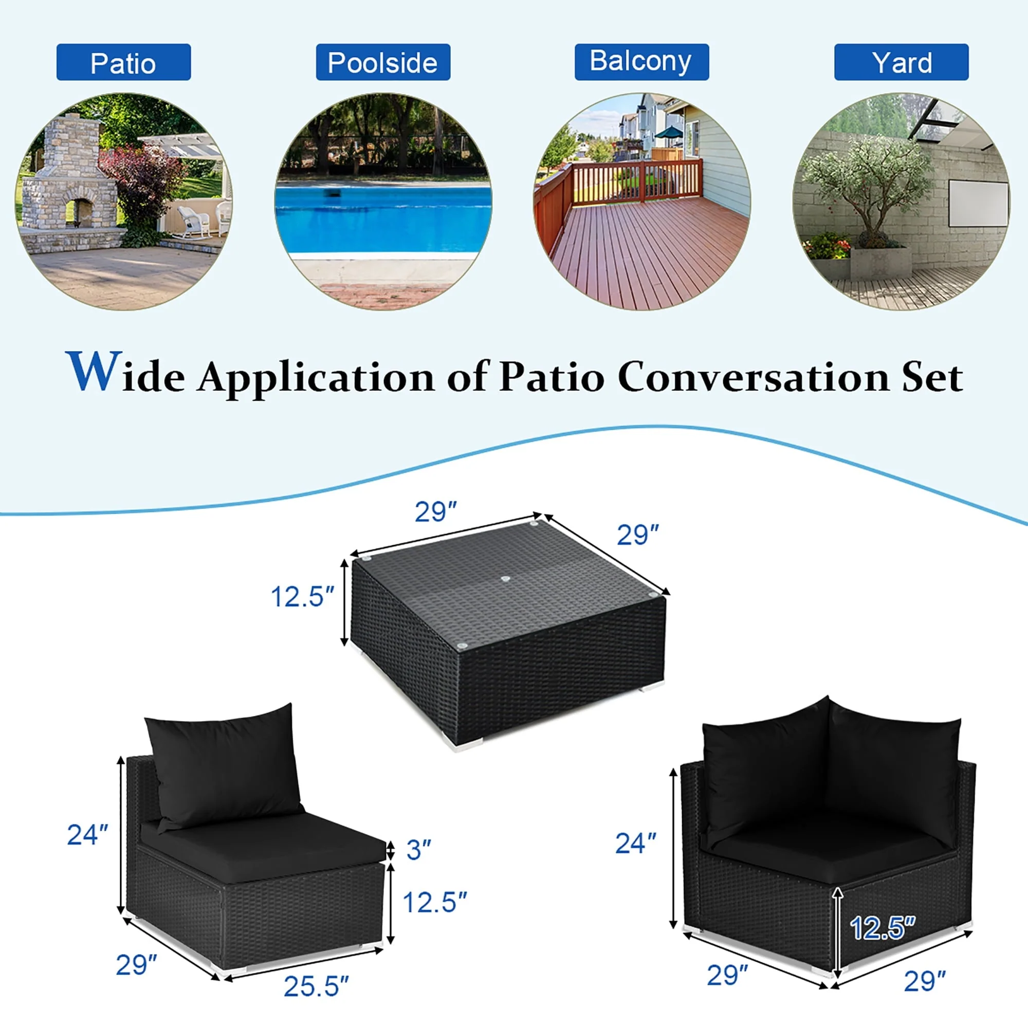 Costway 7PCS Patio Rattan Sofa Set Sectional Conversation Furniture Set Garden Black - Image 3