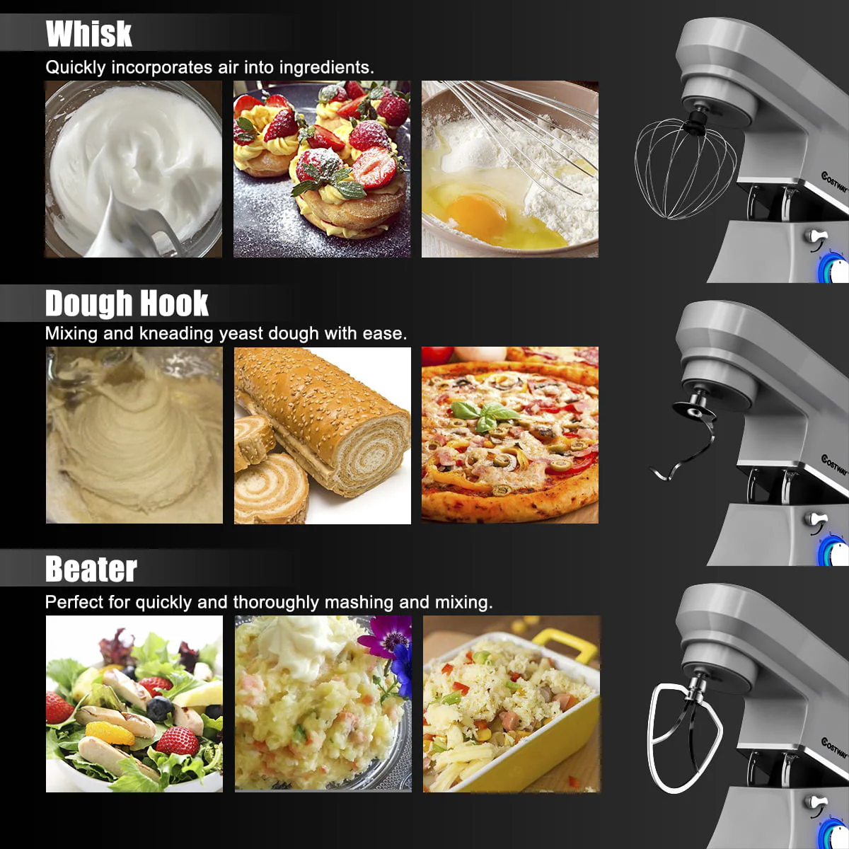 Costway Tilt-Head Stand Mixer 7.5 Qt 6 Speed 660W with Dough Hook, Whisk & Beater Silver - Image 4