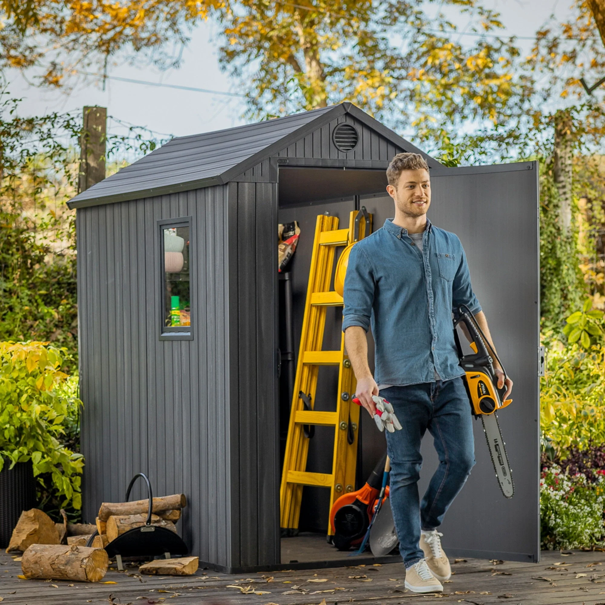 Keter Darwin 4' x 6' Outdoor Garden Tool Storage Shed w/ Window, Graphite - Image 7