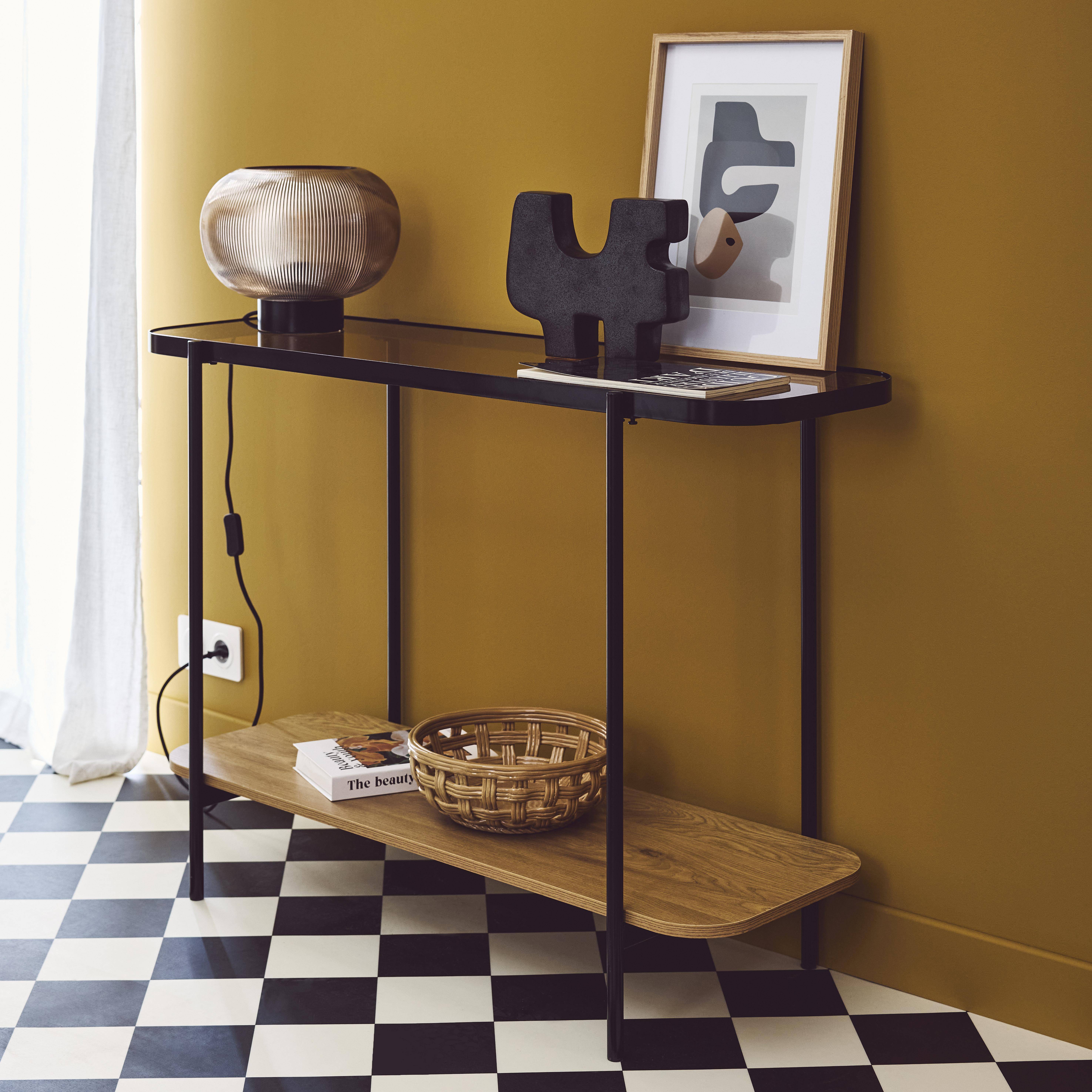 Smooky - Consola vintage de metal negro con tapa de cristal y decoración de madera, 110cm