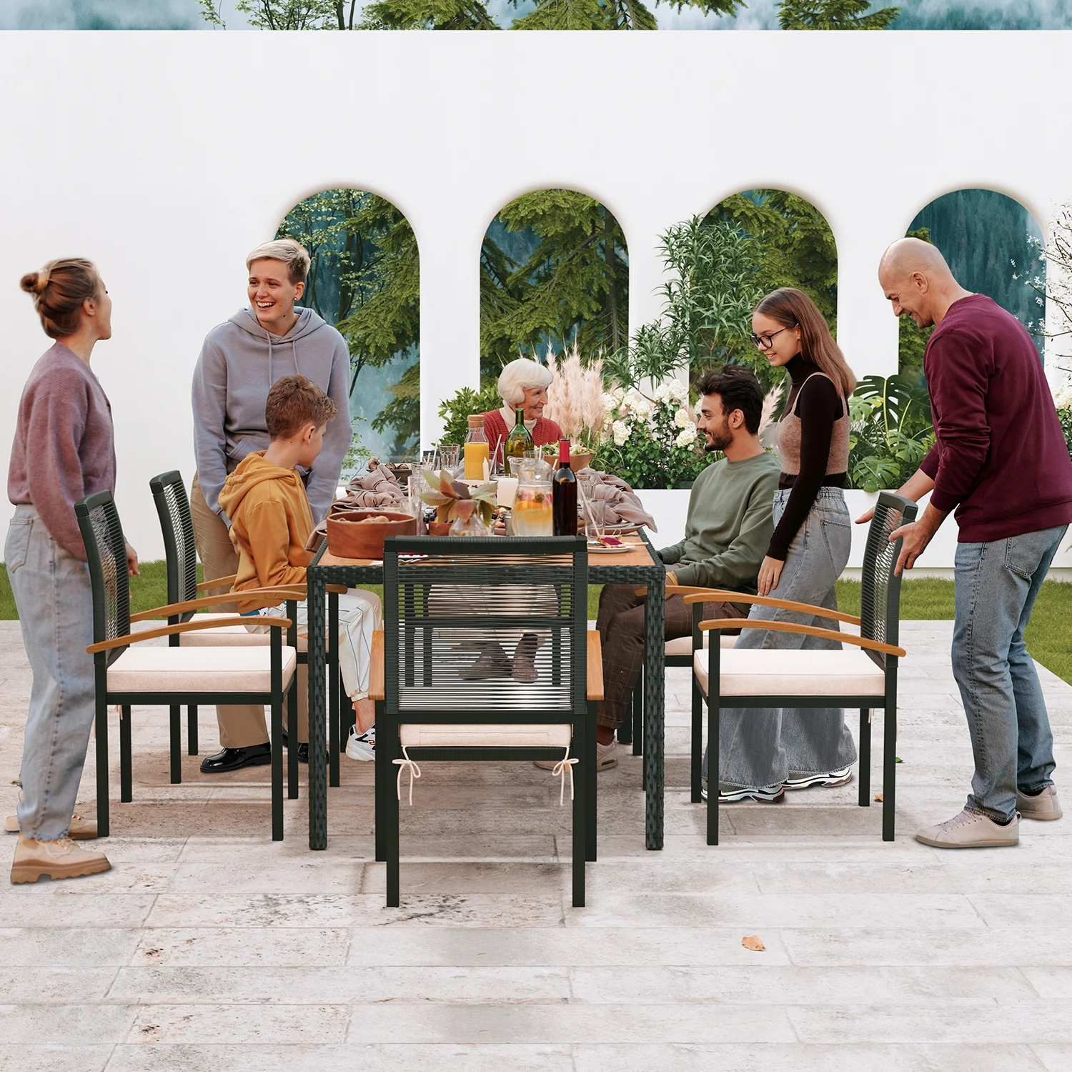 7 Pieces Outdoor Table and Chairs Outdoor Patio Furniture Set Wicker Patio Dining Sets for 6 Patio Table and Chairs Set Outdoor Furniture Set for Garden Yard Porch and Poolside - Image 2