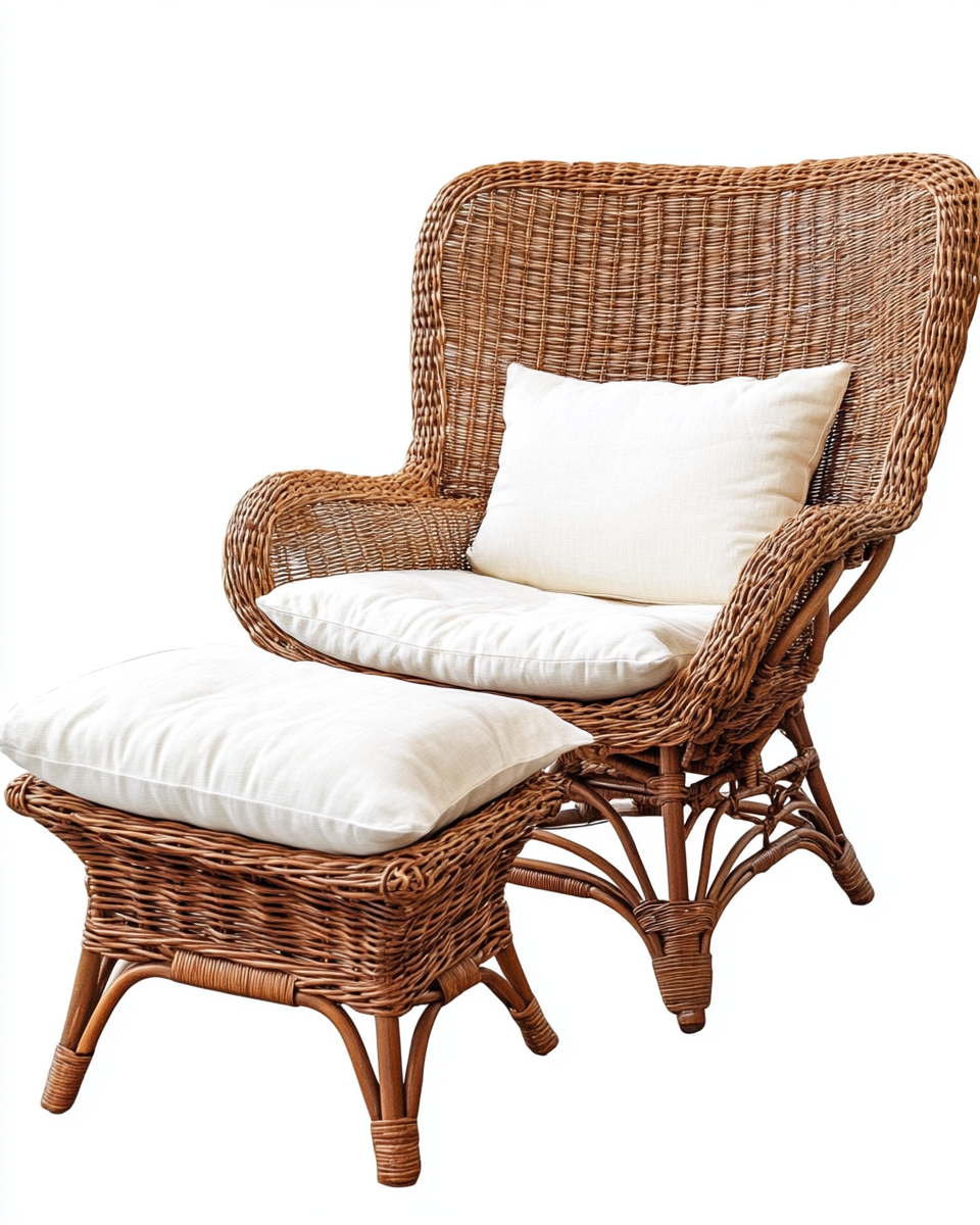 Sillón de ratán sintético con cojín blanco y reposapiés
