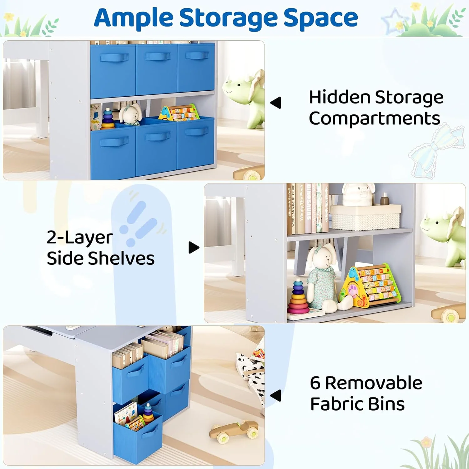 LAZY BUDDY Kids Art Table and 2 Chairs Set, 2 in 1 Easel & Toddler Craft Table and Chairs Set with Storage Bins, Paint Cups and Paper Roll, Activity Table Set for Children 3+ - Image 6