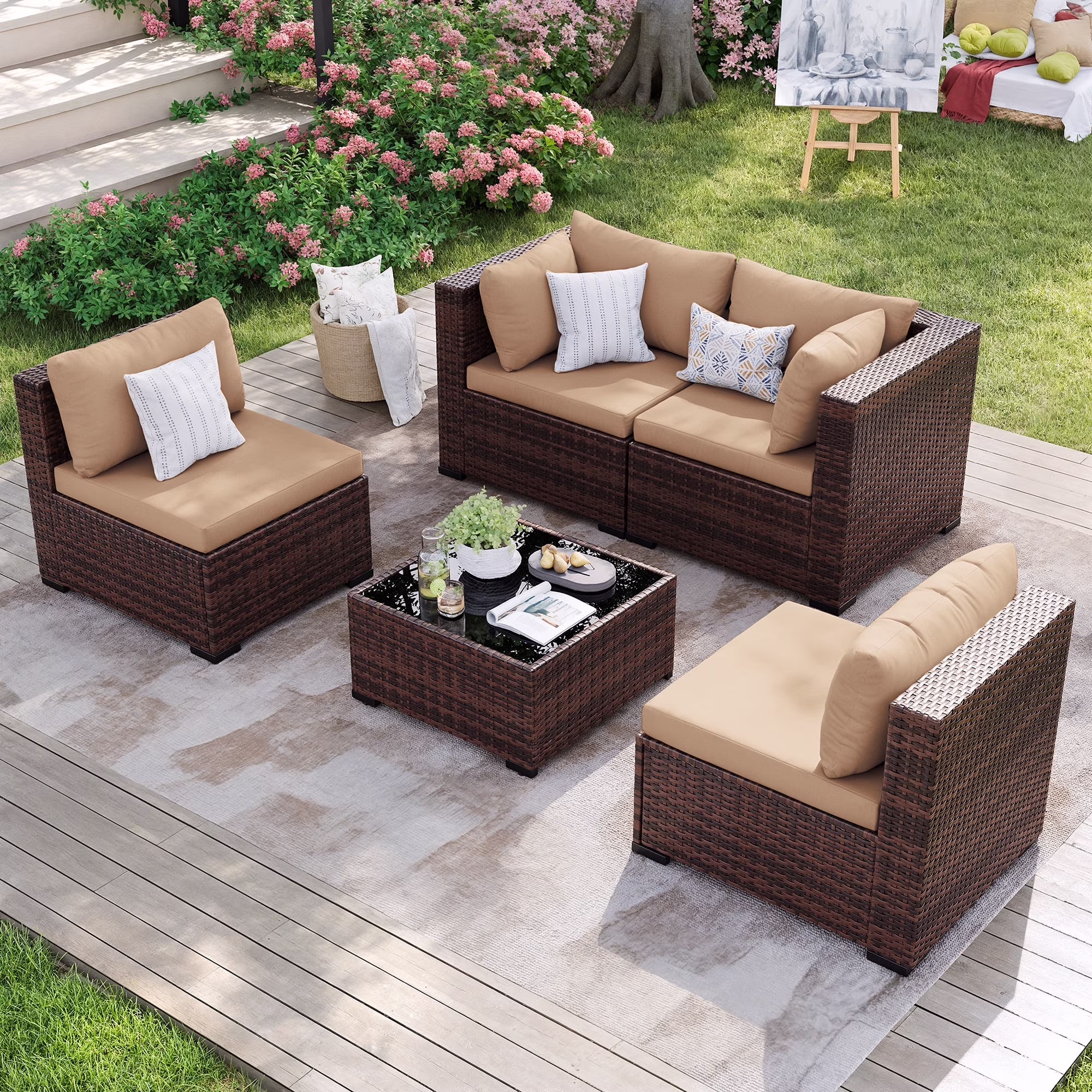 MRUAKA 8 Pieces Patio Furniture Set with Fire Pit Table, Outdoor Furniture Sectional Rattan Sofa with Slanted Back, Patio Couch with Glass Coffee Table for Backyard Garden (Dark Grey) - Image 4