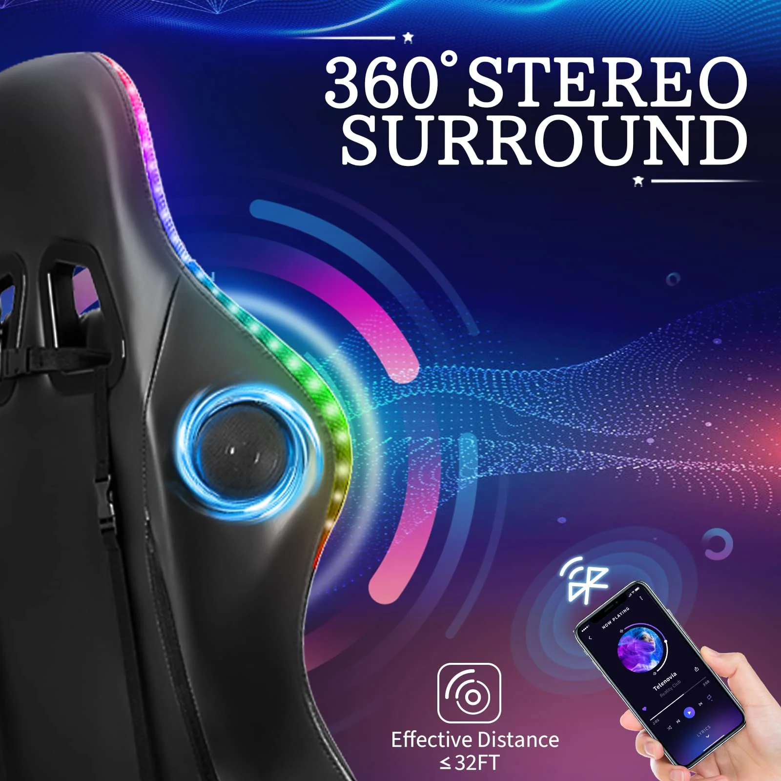 RGB Gaming Chair with Speakers Massage Computer Gaming Chair with LED Lights and Footrest High Back Video Game Chair for Adults Blue and Black - Image 3