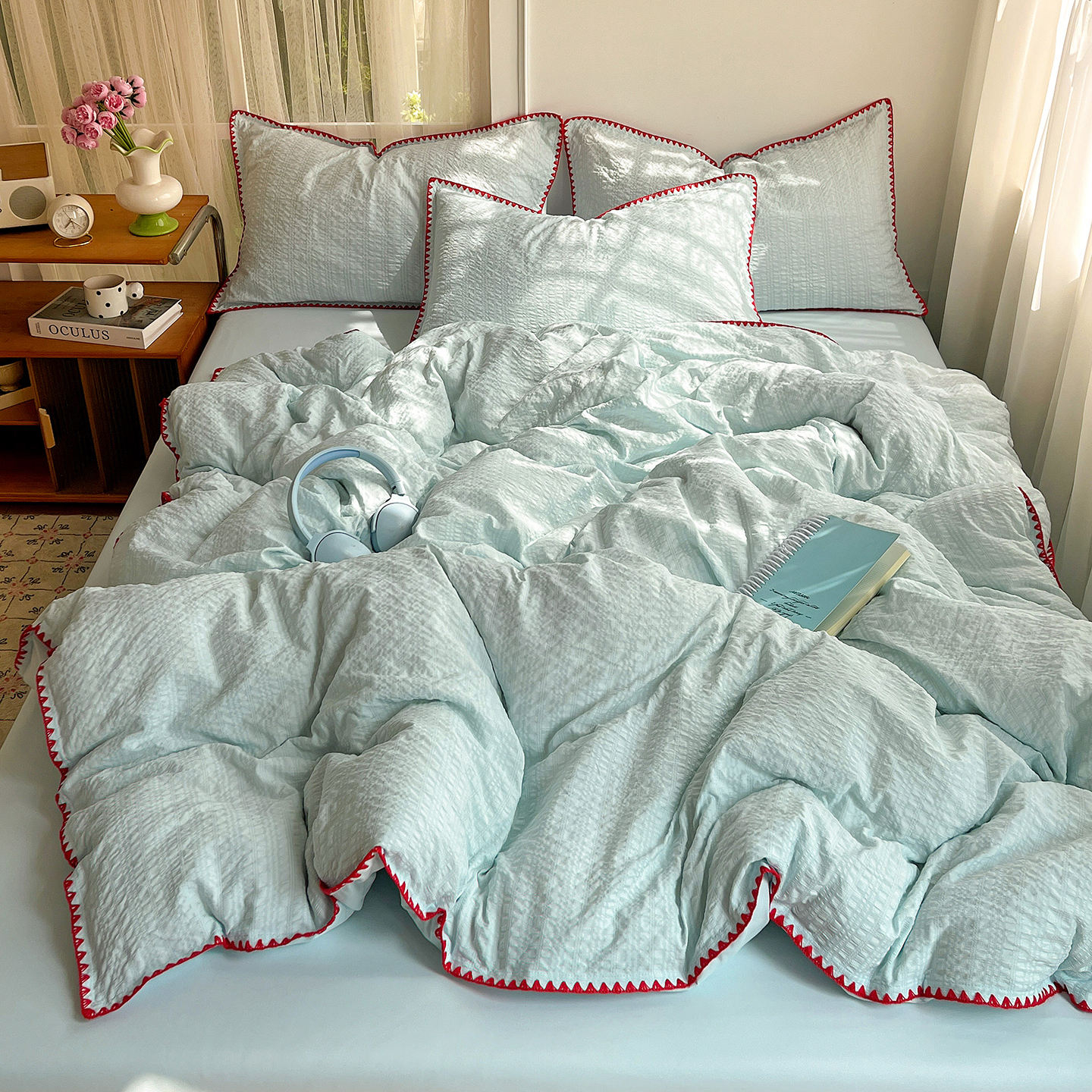 Summer Washed Cotton Bedding Set Soft Durable Breathable Embroidery Edge Bedding Set Suitable for All Home Hotel